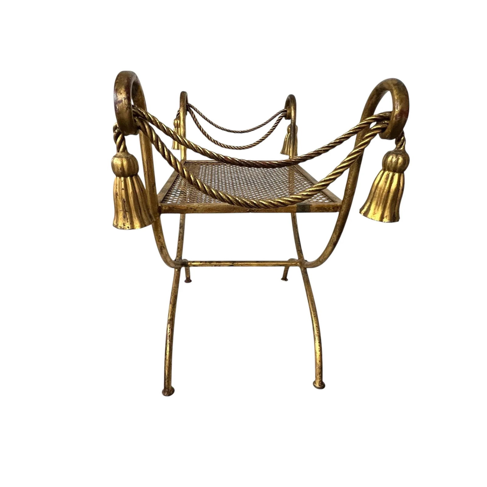 Vintage Italian Hollywood Regency Gokd Gilt Metal Tassel Accent Bench Footstool - 3