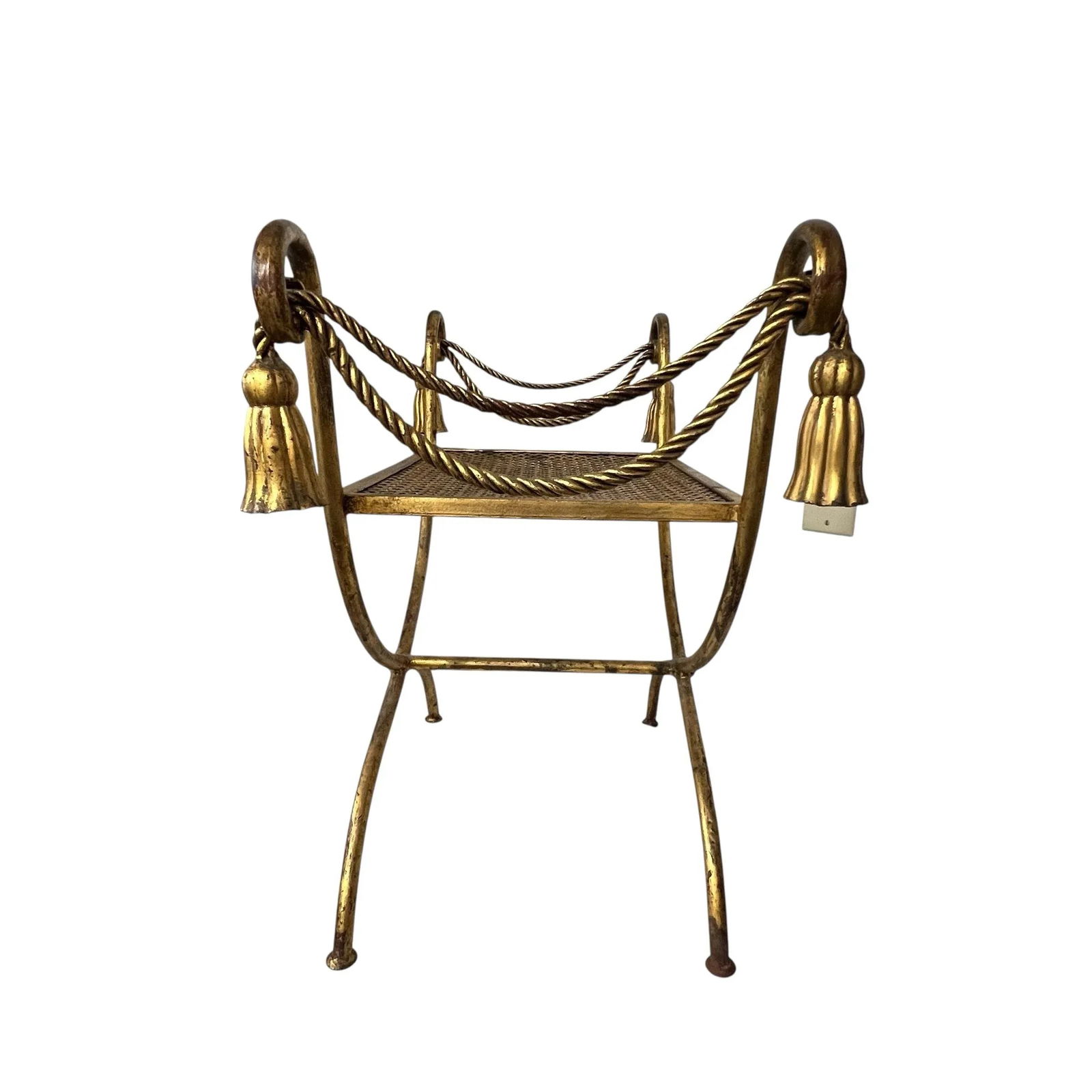 Vintage Italian Hollywood Regency Gokd Gilt Metal Tassel Accent Bench Footstool - 4