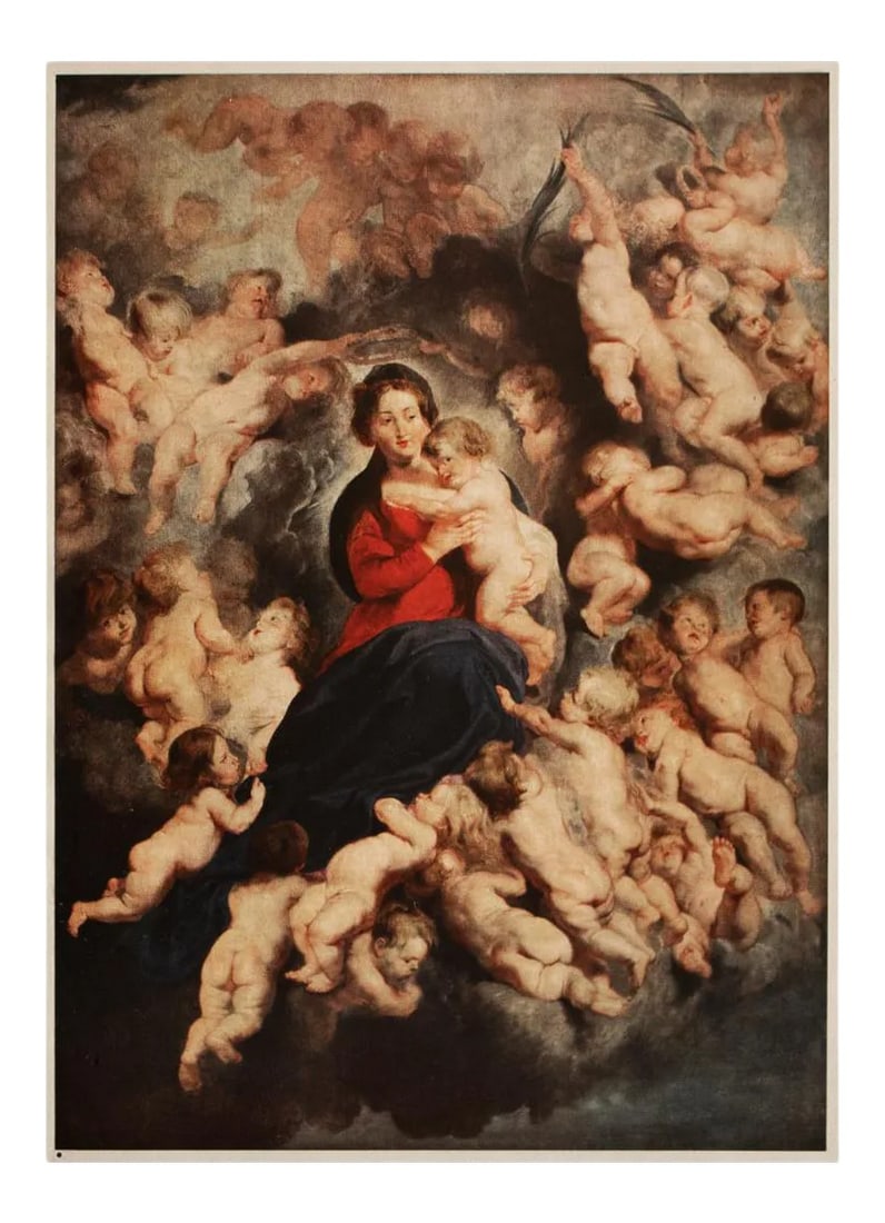 1944 Rubens "The Virgin Surrounded by Angels", First Edition Parisian Photogravure: An excellent rare vintage photogravure (print) of painting "The Virgin Surrounded by Angels" by Pierre-Paul Rubens. Comes from a rare First Limited Edition folio, published by Editions Du Chene in