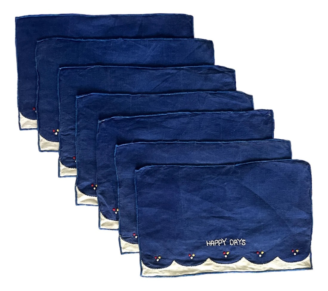 Set of 7 Vintage 1960s Hand-Embroidered "Happy Days" Linen Cocktail Napkins Â‚Ã: Raise a glass in style with this cheerful set of seven vintage linen cocktail napkins from the 1960s. Each napkin is hand-embroidered with the words "Happy Days" in playful white stitching, accented
