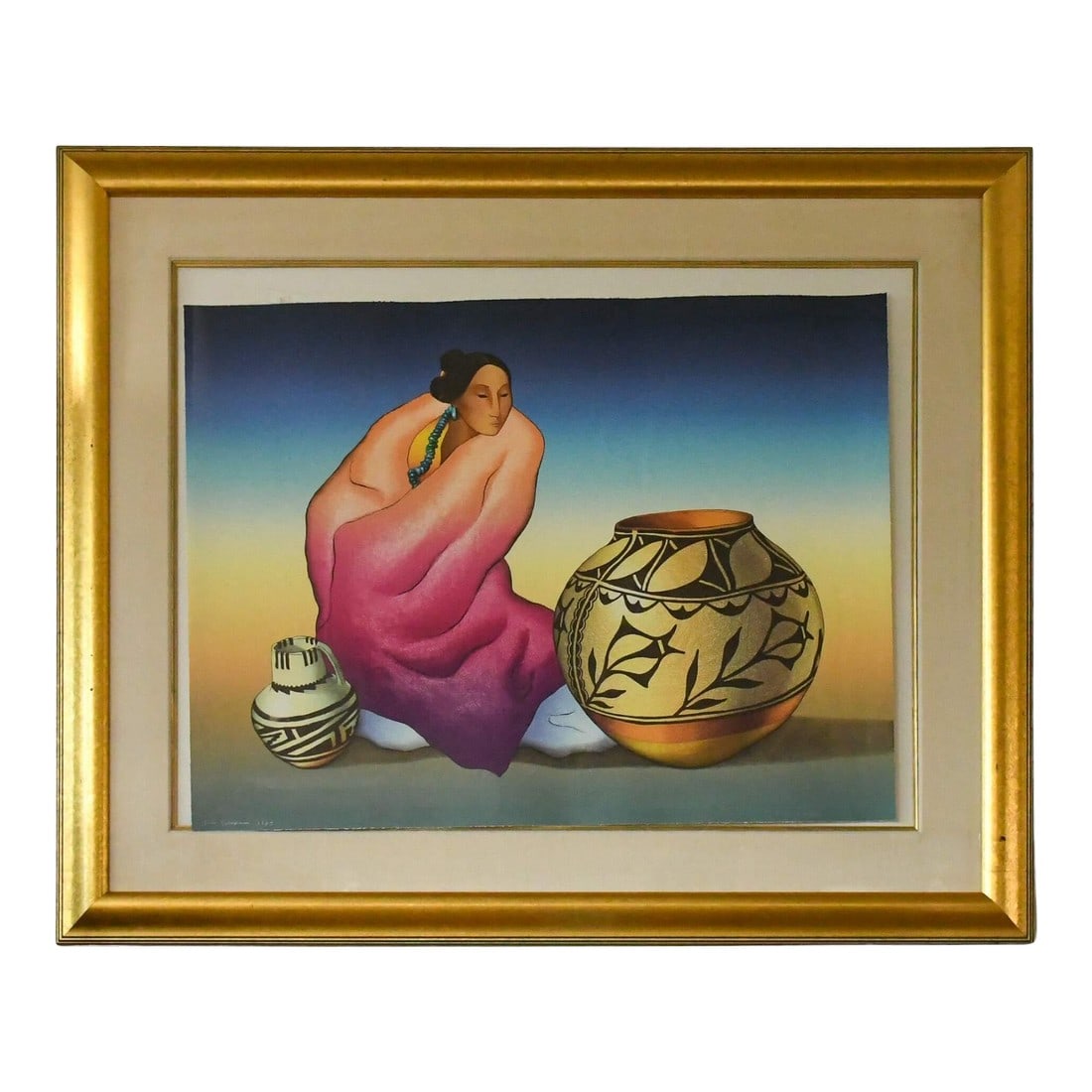 Mid 20th Century Framed Signed r.c. Gorman Lithograph "Thistle Jar": A Surrealist style painting of a Native American woman with a vase features dreamlike and fantastical elements. The woman is depicted with ethereal, distorted proportions, and the vase appears in alte