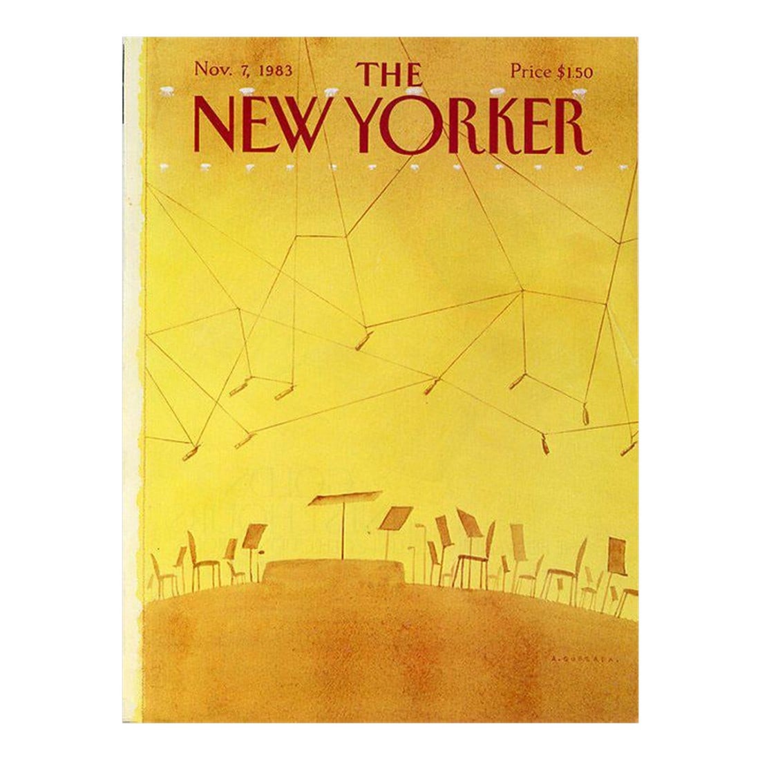 1983 Vintage New Yorker Cover, November 7 (Abel Quezada), Original New Yorker Magazine Cover, Music,: Original vintage New Yorker magazine cover dated November 7, 1983 featuring a Music and Concert theme. Based on an illustration by Abel Quezada (1920-1991). This is an authentic New Yorker magazine