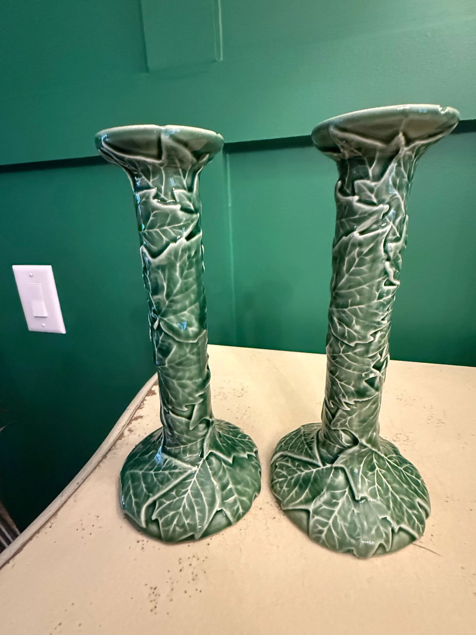 Vintage Bordallo Pinheiro Cabbage Ware Green Candlesticks - A Pair - 2