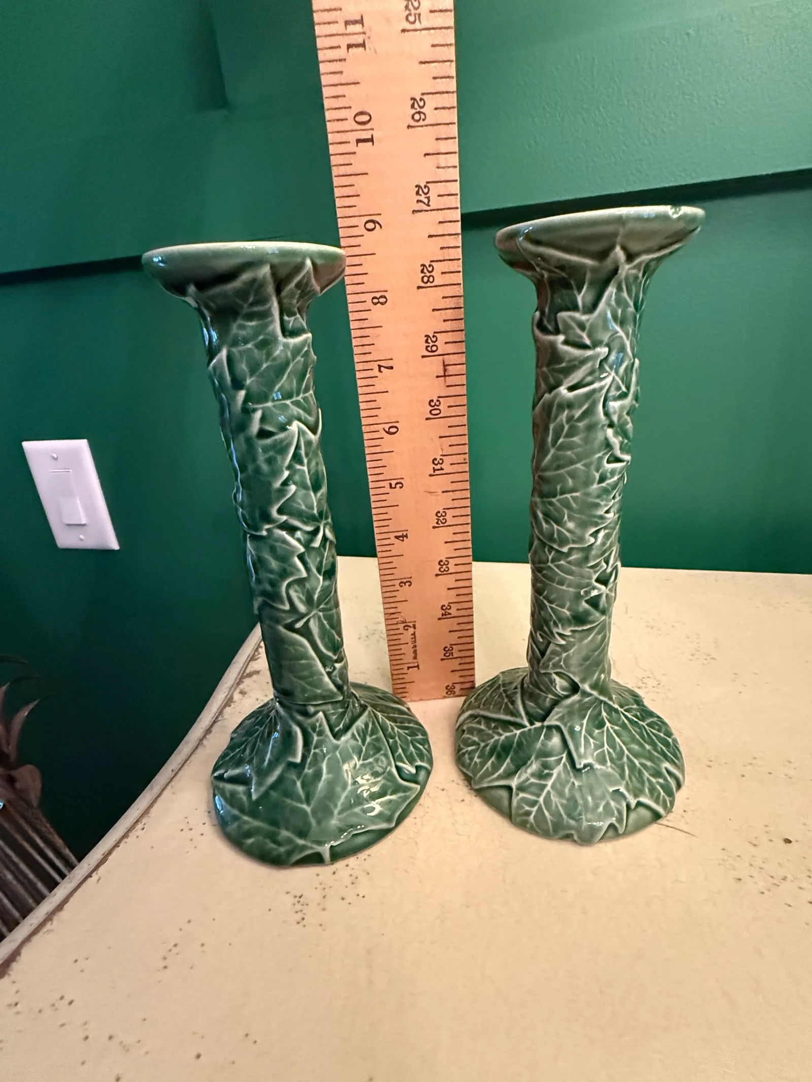 Vintage Bordallo Pinheiro Cabbage Ware Green Candlesticks - A Pair - 3