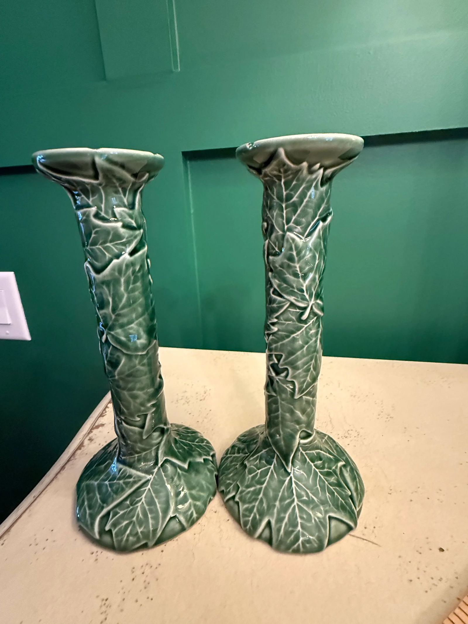 Vintage Bordallo Pinheiro Cabbage Ware Green Candlesticks - A Pair - 5