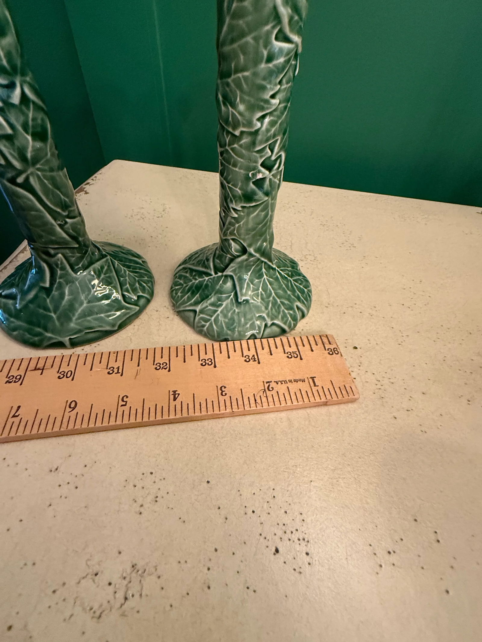 Vintage Bordallo Pinheiro Cabbage Ware Green Candlesticks - A Pair - 6