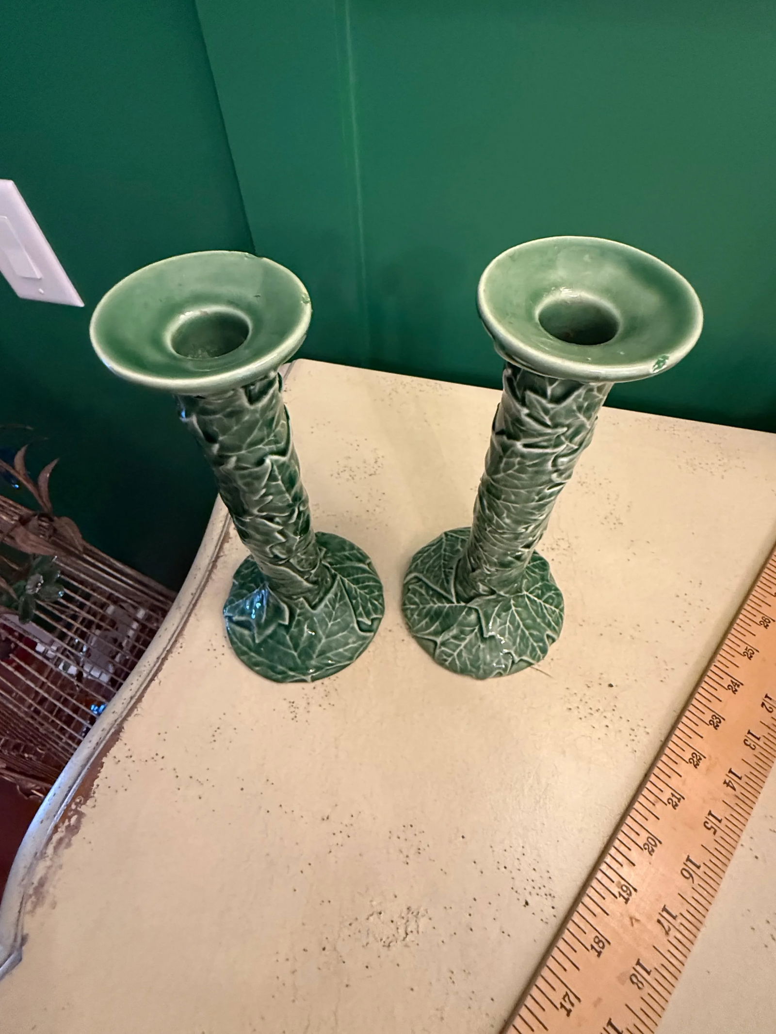 Vintage Bordallo Pinheiro Cabbage Ware Green Candlesticks - A Pair - 9