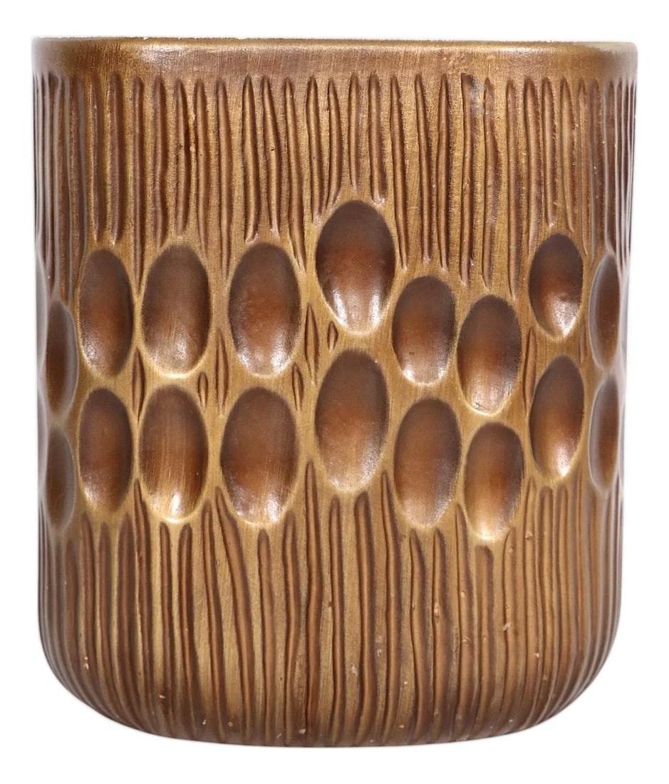 Mod Haeger Pottery Vase Planter in Bronze Glaze, Circa 1970s: Cool 1970's Brutalist school vase, planter by Haeger Pottery. Overall good condition, tight hairline crack evident at top edge, shows general cosmetic wear, normal and consistent with age, please see