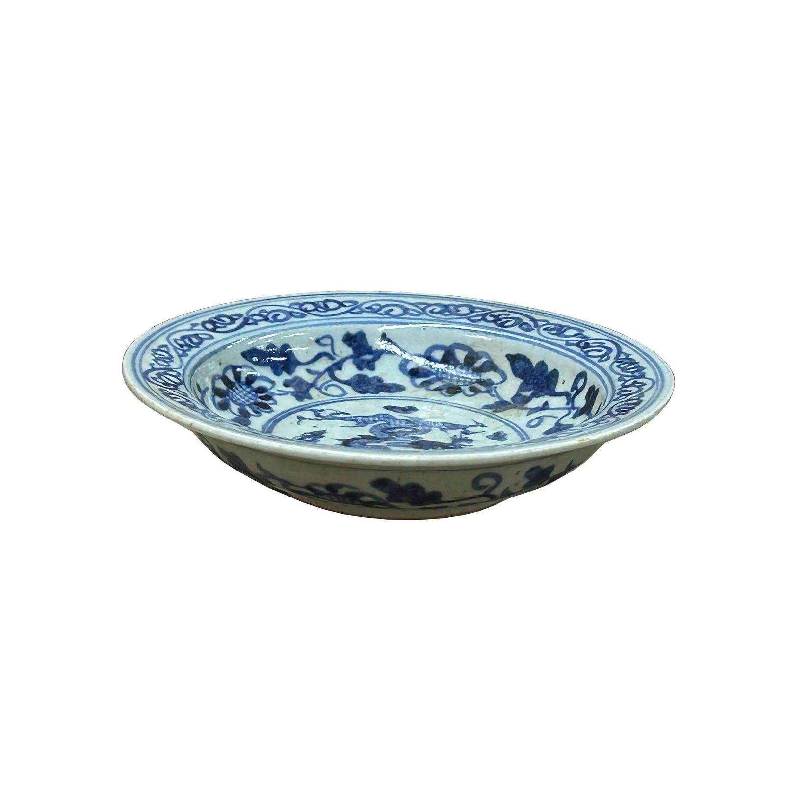 6.5" Handmade Porcelain Charger Plate Blue White Ancient Dragon Graphic - 2