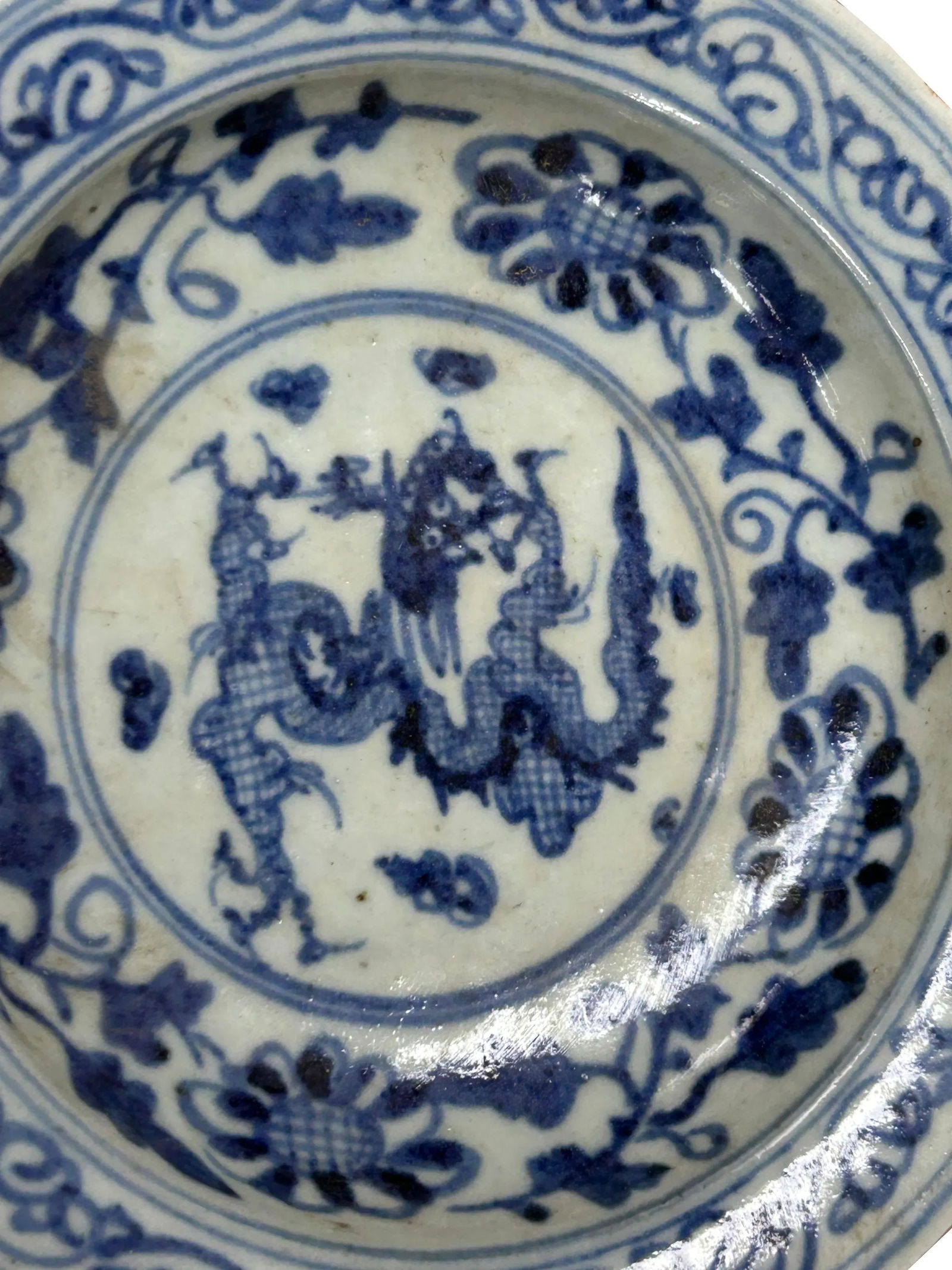 6.5" Handmade Porcelain Charger Plate Blue White Ancient Dragon Graphic - 8