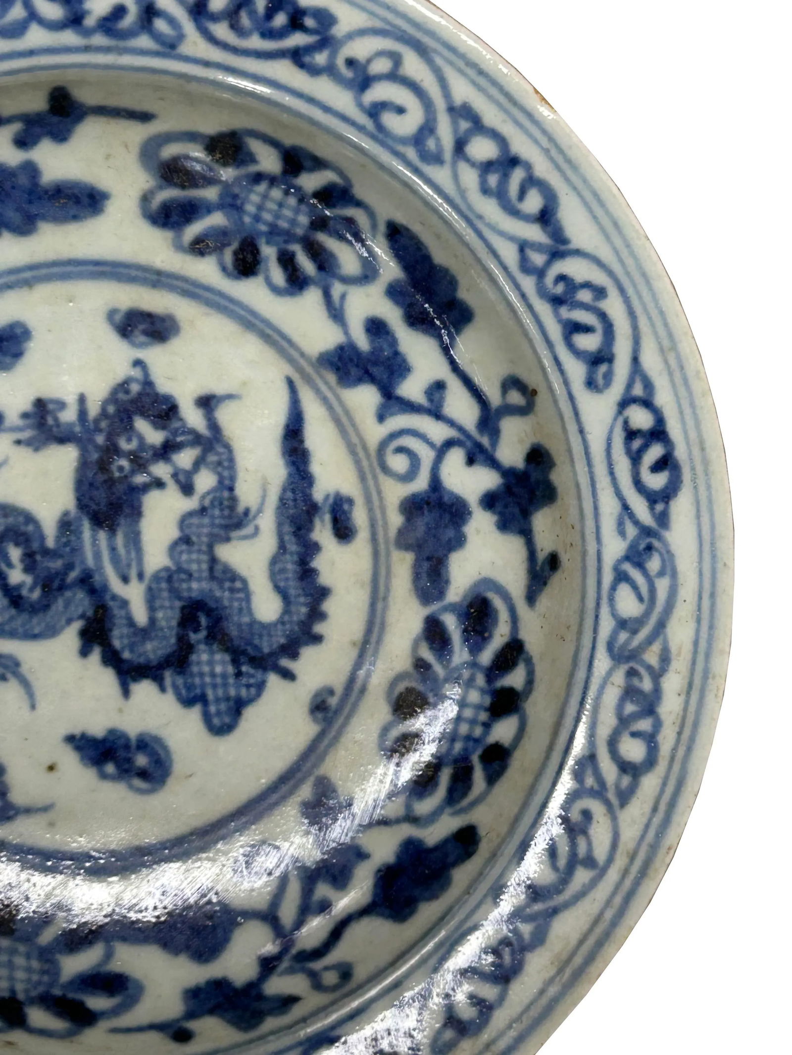 6.5" Handmade Porcelain Charger Plate Blue White Ancient Dragon Graphic - 9