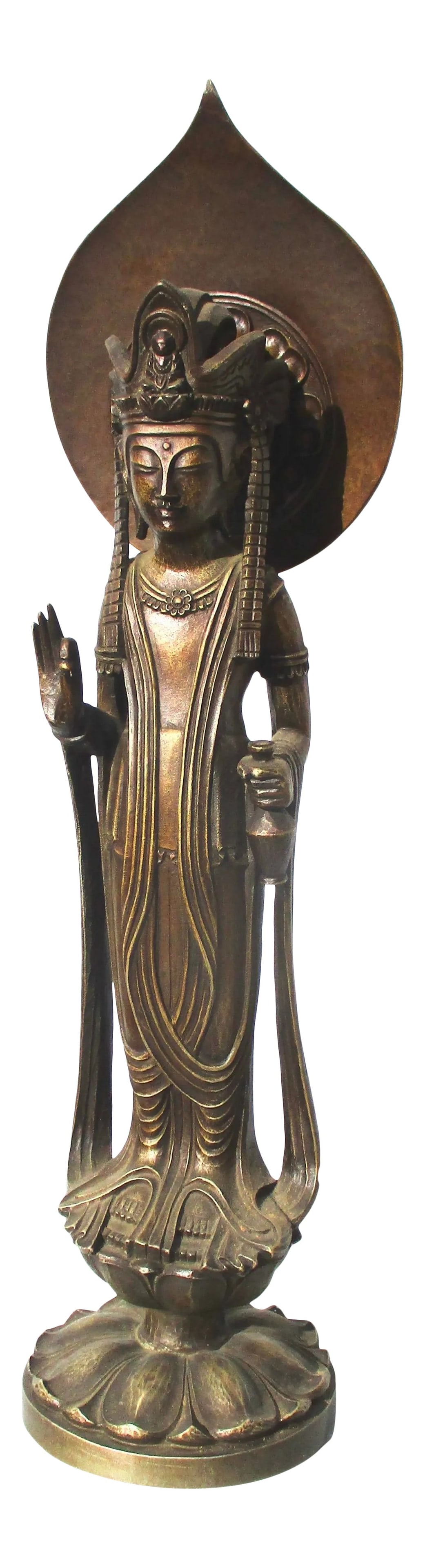 Japanese Mid- Century Standing Bronze Buddha: Signed Bronze Figure of the Standing Buddha. A revisit to Tang form in a mid-century expressionist touch. The bronze surface is carved and chopped with a sure controlled hand in a refined aesthetic re