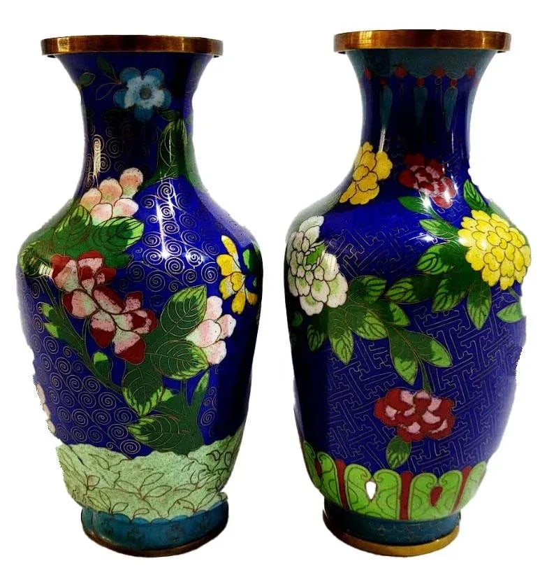 Pair Vintage Qing Dynasty Cloisonne' Vases - China - 2