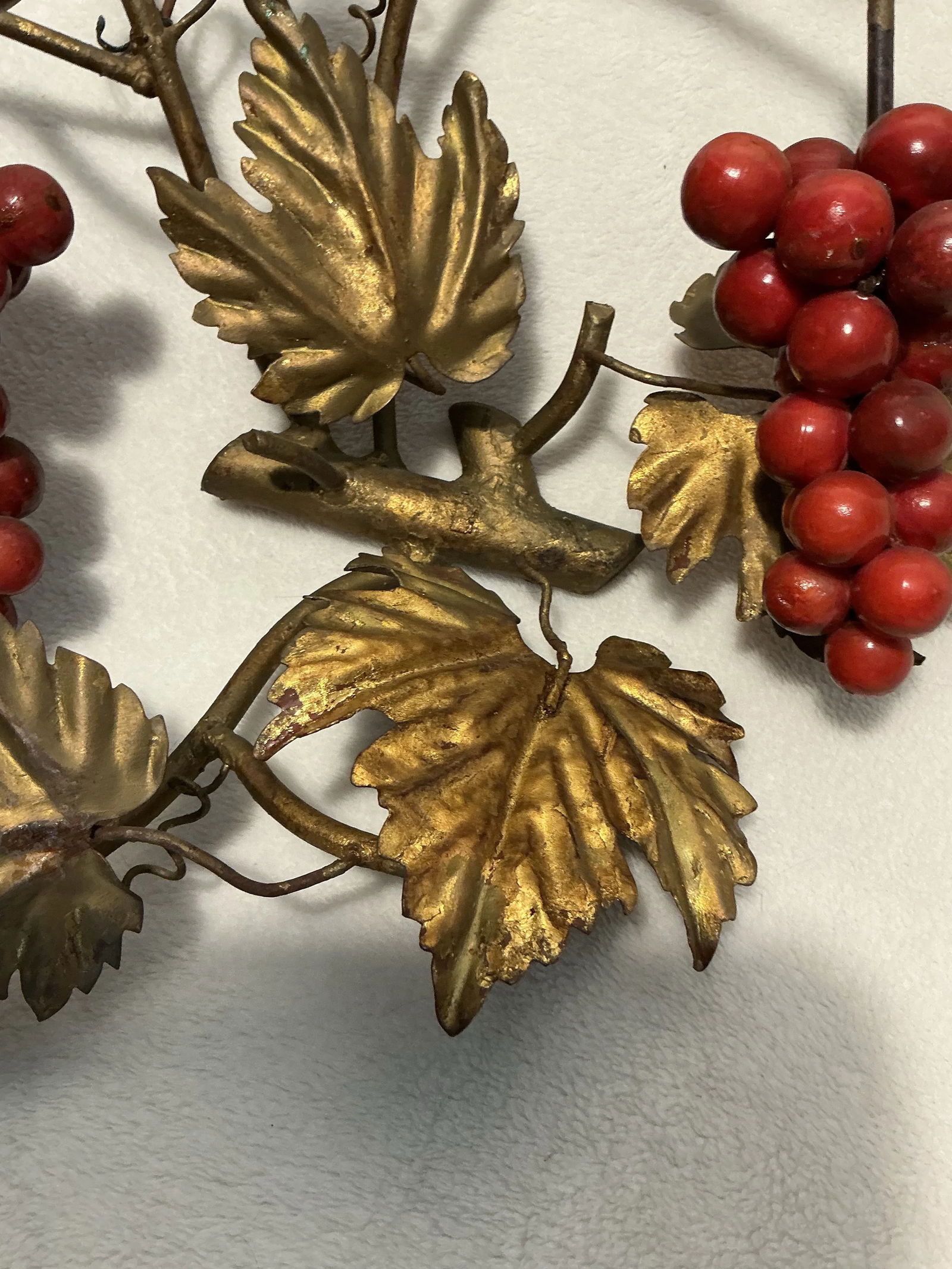 Vintage Italian Gilt Metal Wall Mount Candelabra Foliage & Red Grape Bunches, Circa 60s 70s - 10