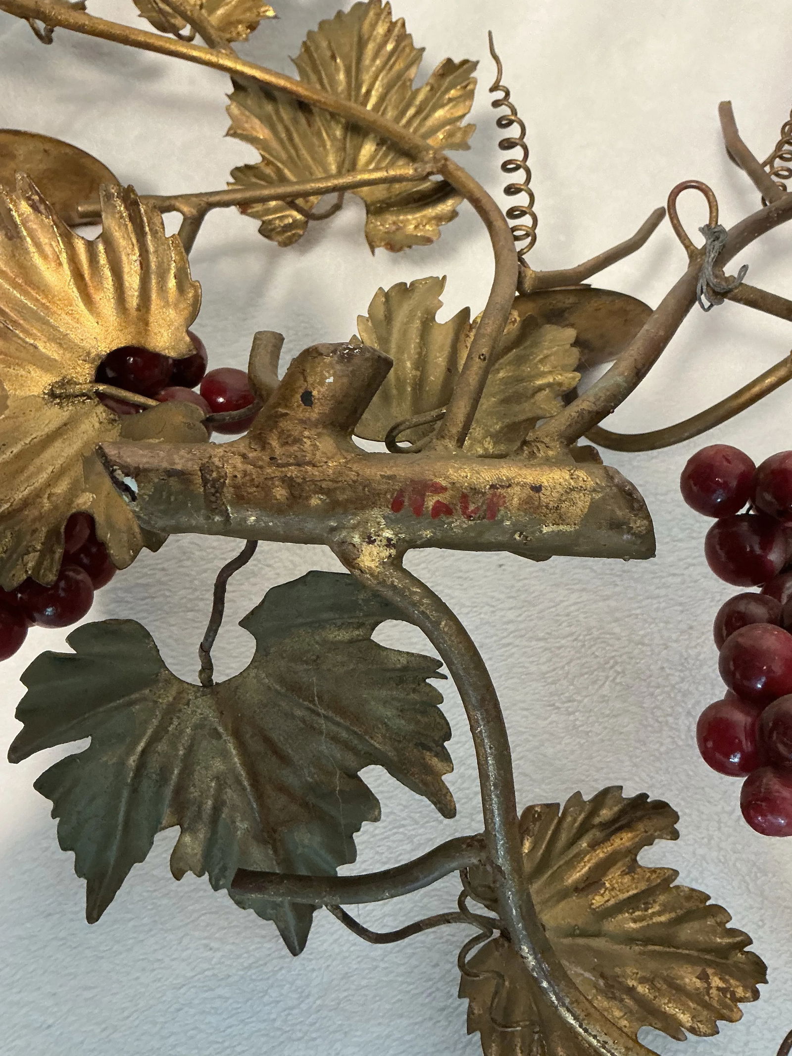 Vintage Italian Gilt Metal Wall Mount Candelabra Foliage & Red Grape Bunches, Circa 60s 70s - 11