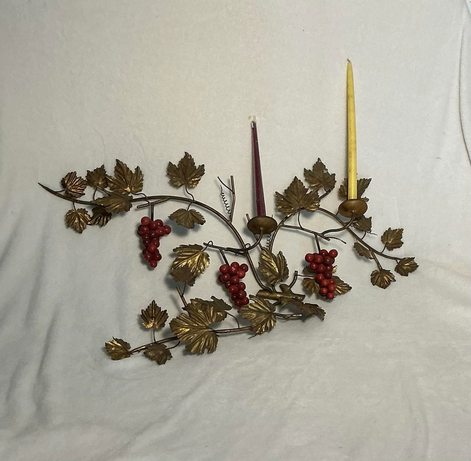 Vintage Italian Gilt Metal Wall Mount Candelabra Foliage & Red Grape Bunches, Circa 60s 70s - 12