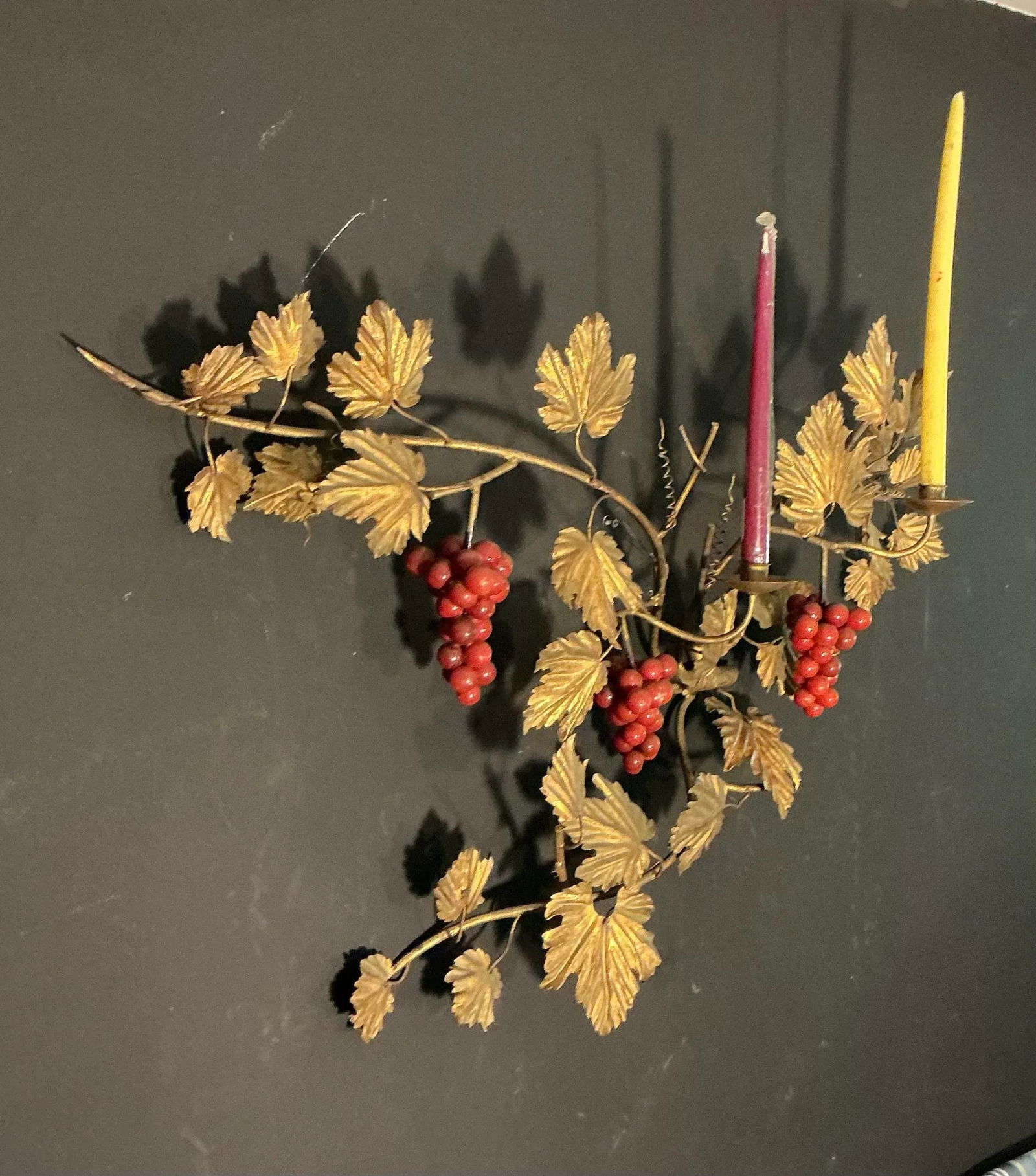 Vintage Italian Gilt Metal Wall Mount Candelabra Foliage & Red Grape Bunches, Circa 60s 70s - 2