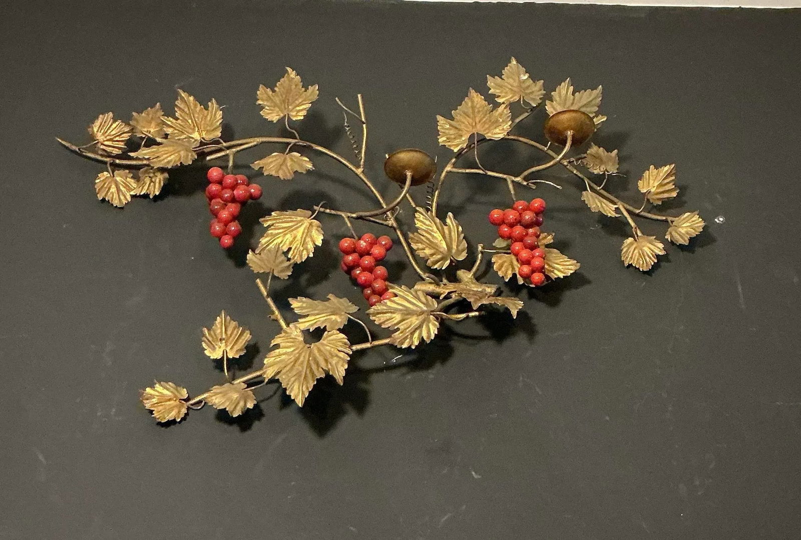 Vintage Italian Gilt Metal Wall Mount Candelabra Foliage & Red Grape Bunches, Circa 60s 70s - 3
