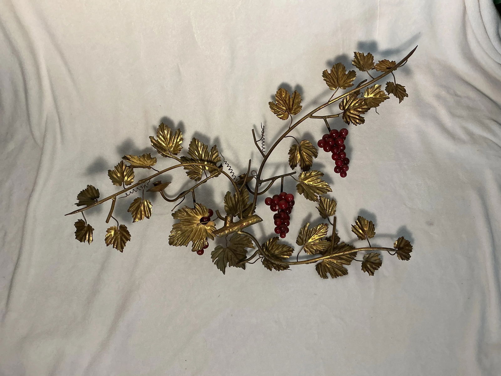 Vintage Italian Gilt Metal Wall Mount Candelabra Foliage & Red Grape Bunches, Circa 60s 70s - 4