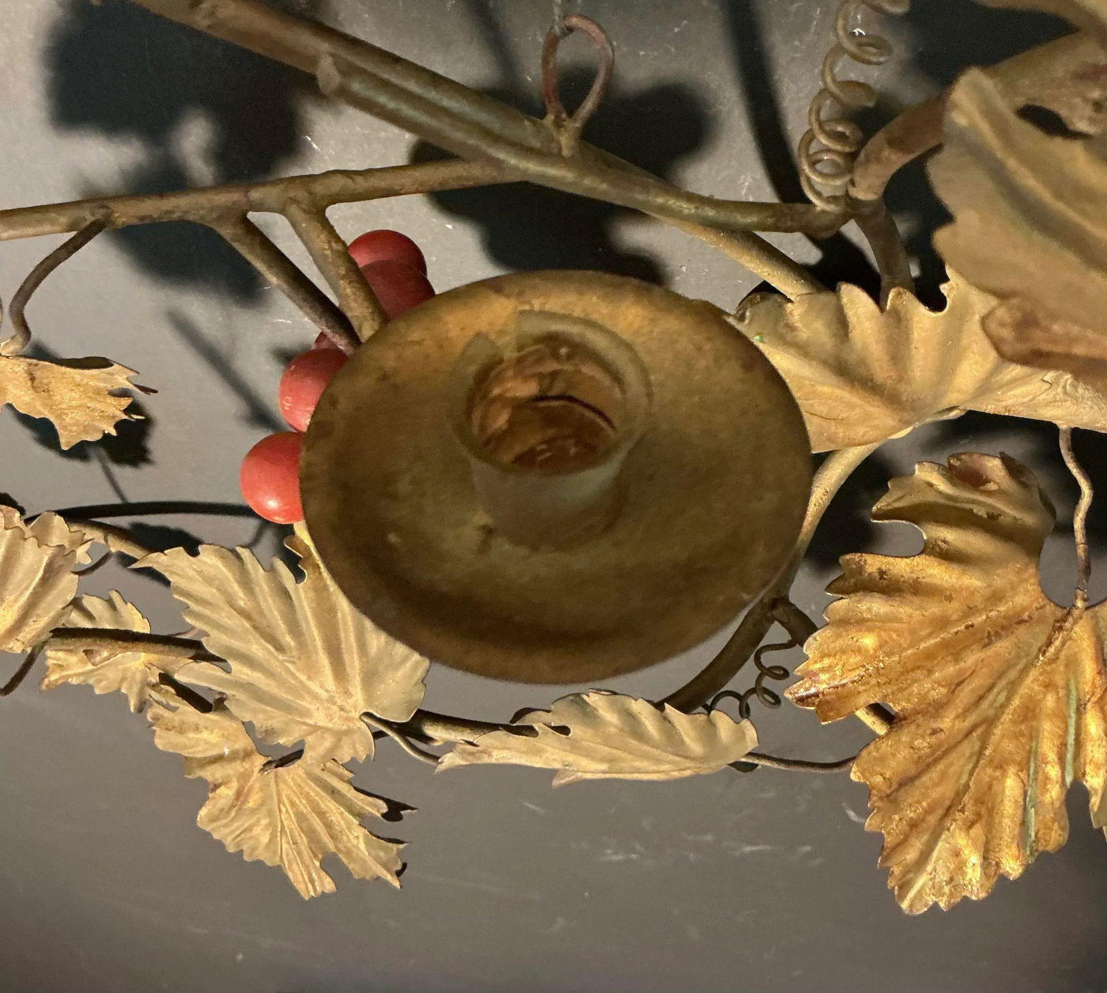 Vintage Italian Gilt Metal Wall Mount Candelabra Foliage & Red Grape Bunches, Circa 60s 70s - 6