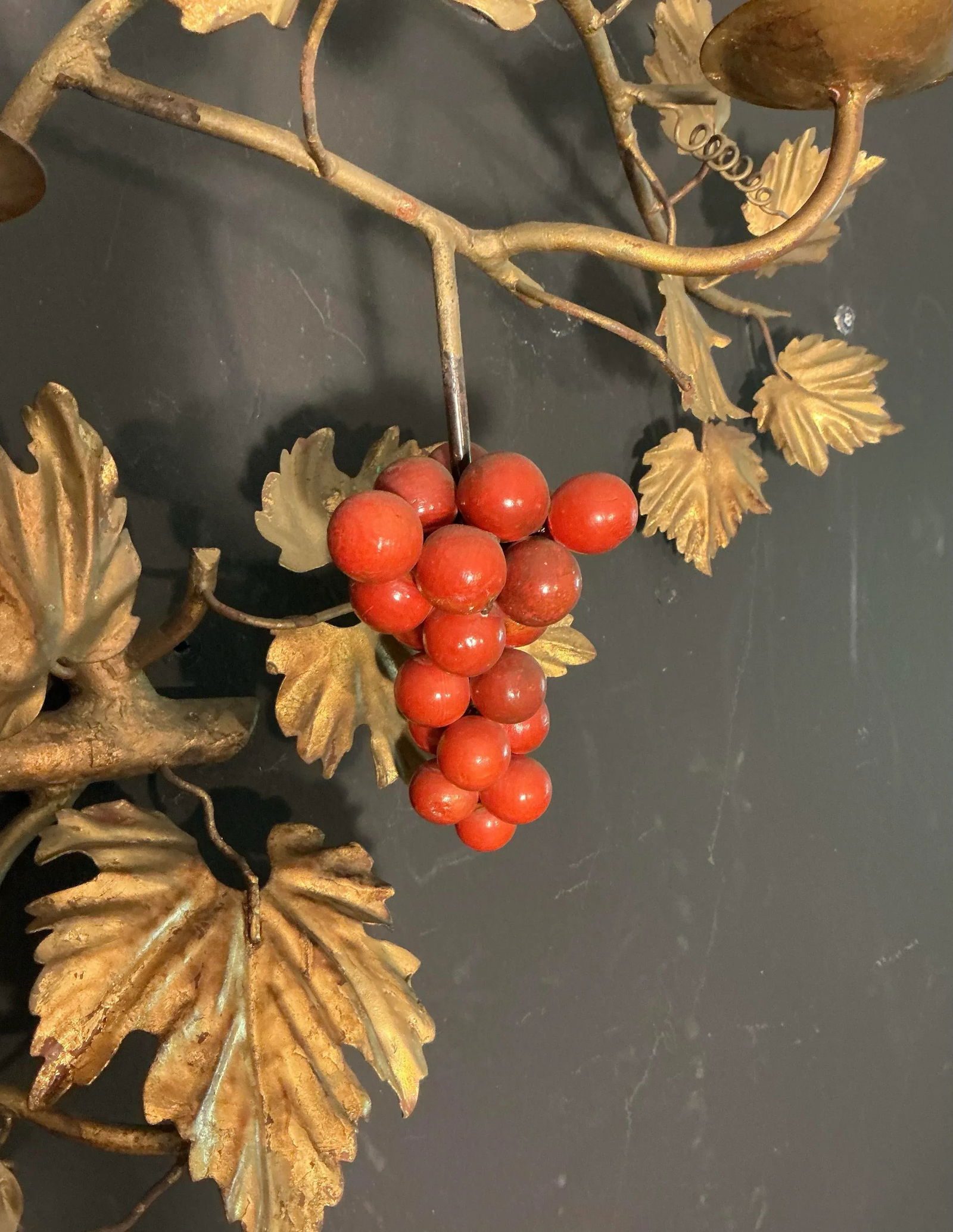 Vintage Italian Gilt Metal Wall Mount Candelabra Foliage & Red Grape Bunches, Circa 60s 70s - 7