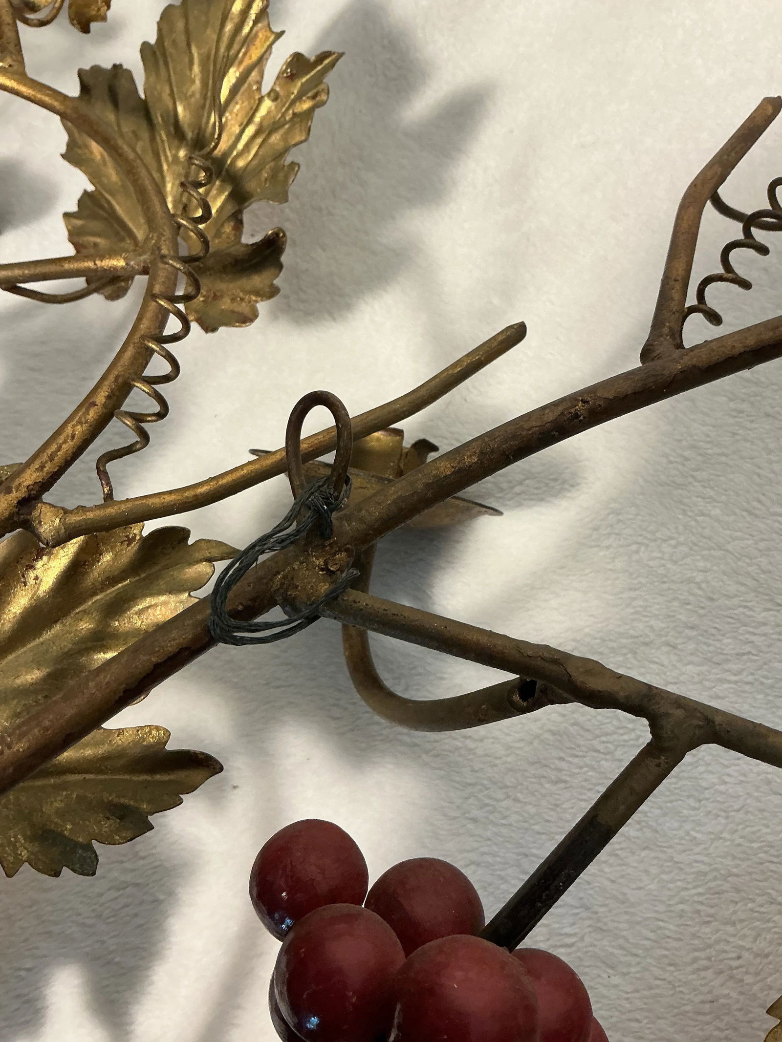 Vintage Italian Gilt Metal Wall Mount Candelabra Foliage & Red Grape Bunches, Circa 60s 70s - 8