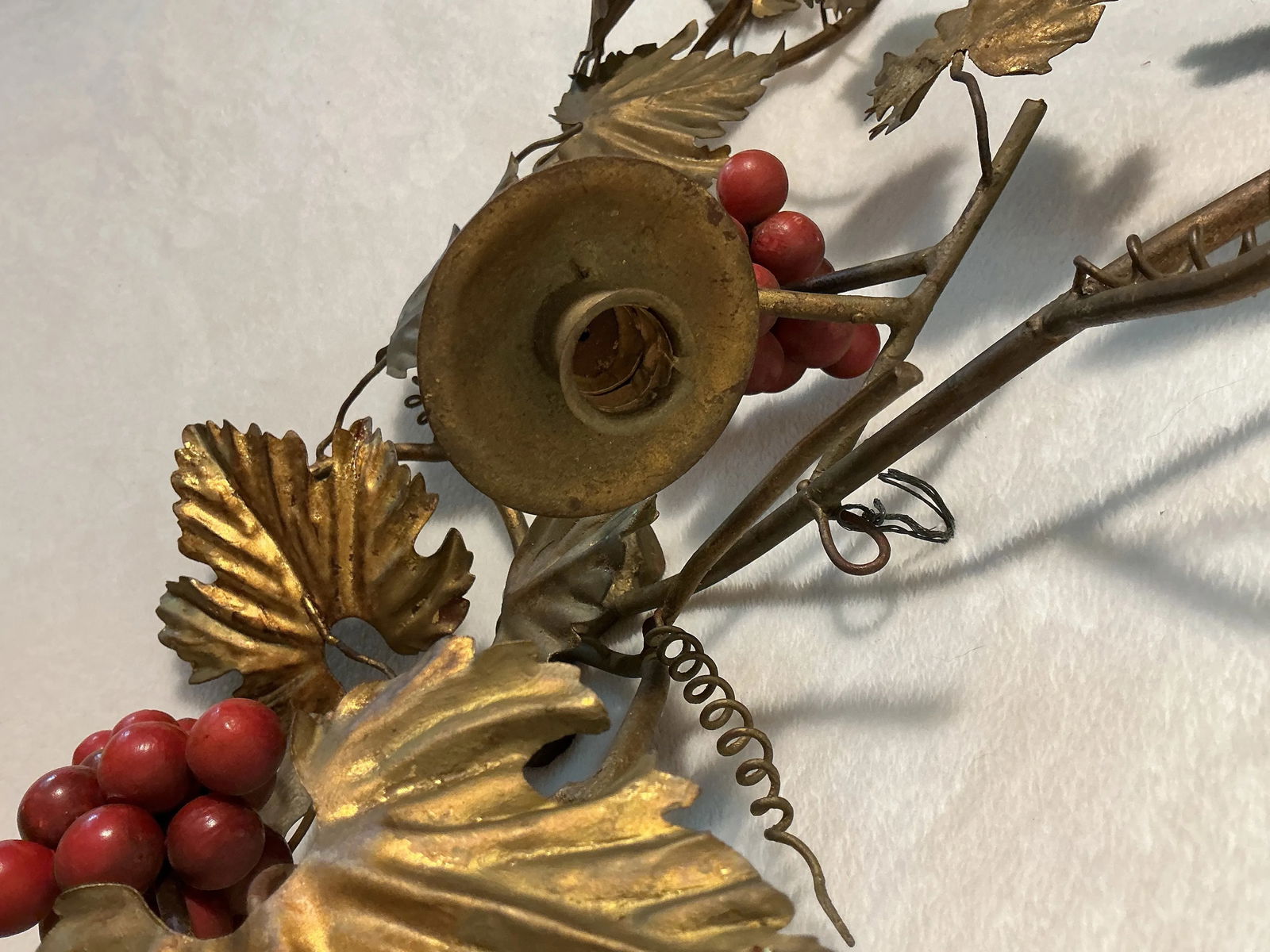 Vintage Italian Gilt Metal Wall Mount Candelabra Foliage & Red Grape Bunches, Circa 60s 70s - 9