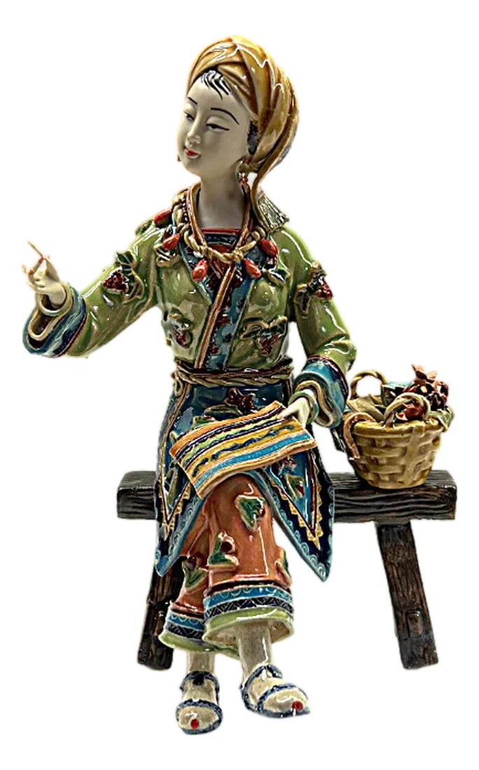 Chinese Porcelain Ritual Miao Style Dressing on Bench Lady Figure (1 of 5)