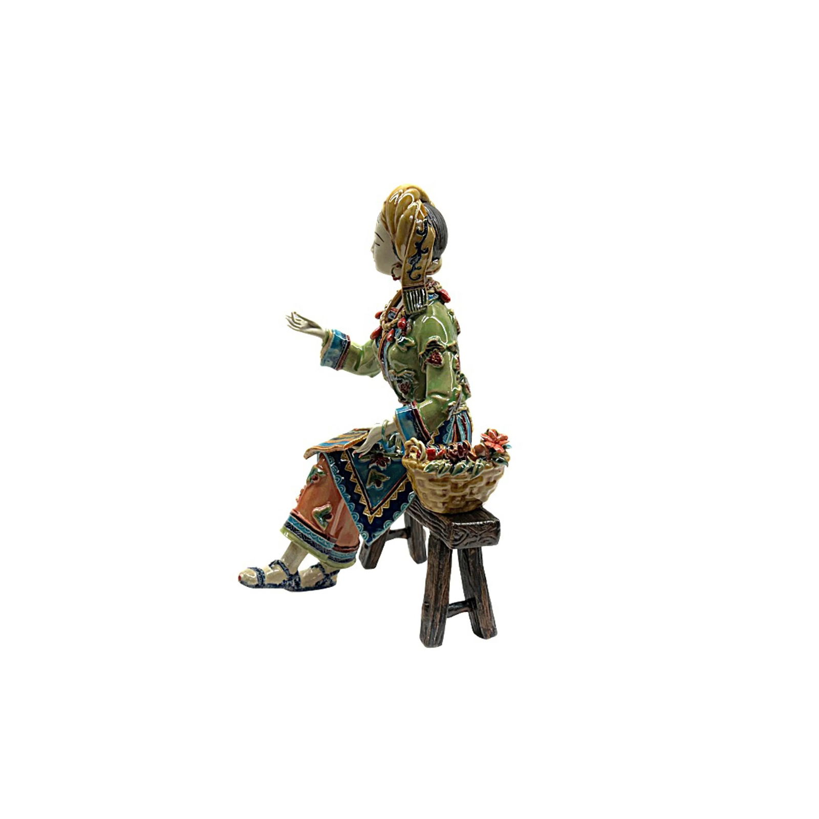 Chinese Porcelain Ritual Miao Style Dressing on Bench Lady Figure - 2