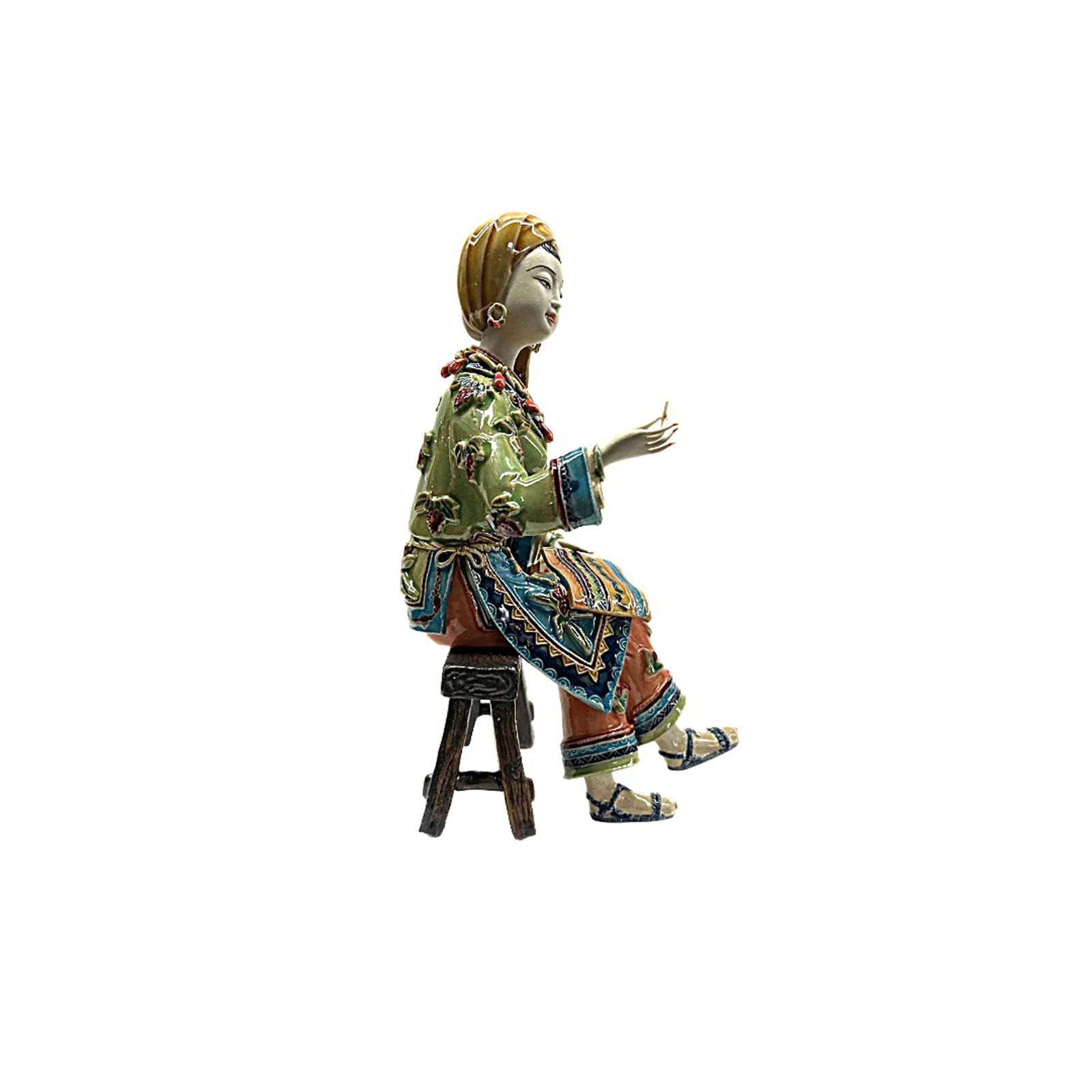 Chinese Porcelain Ritual Miao Style Dressing on Bench Lady Figure - 3