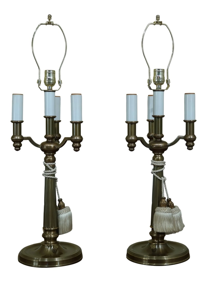 Stiffel Brass Regency Style Table Lamps - a Pair: Approx: 10 Years Old Quality Construction 3 Arm Candelabra Style Regency Style Decorative Hanging Tassel Condition: Excellent Clean Original Finish & Condition Size: 7.5w x 7.5d x 28.5h Condition