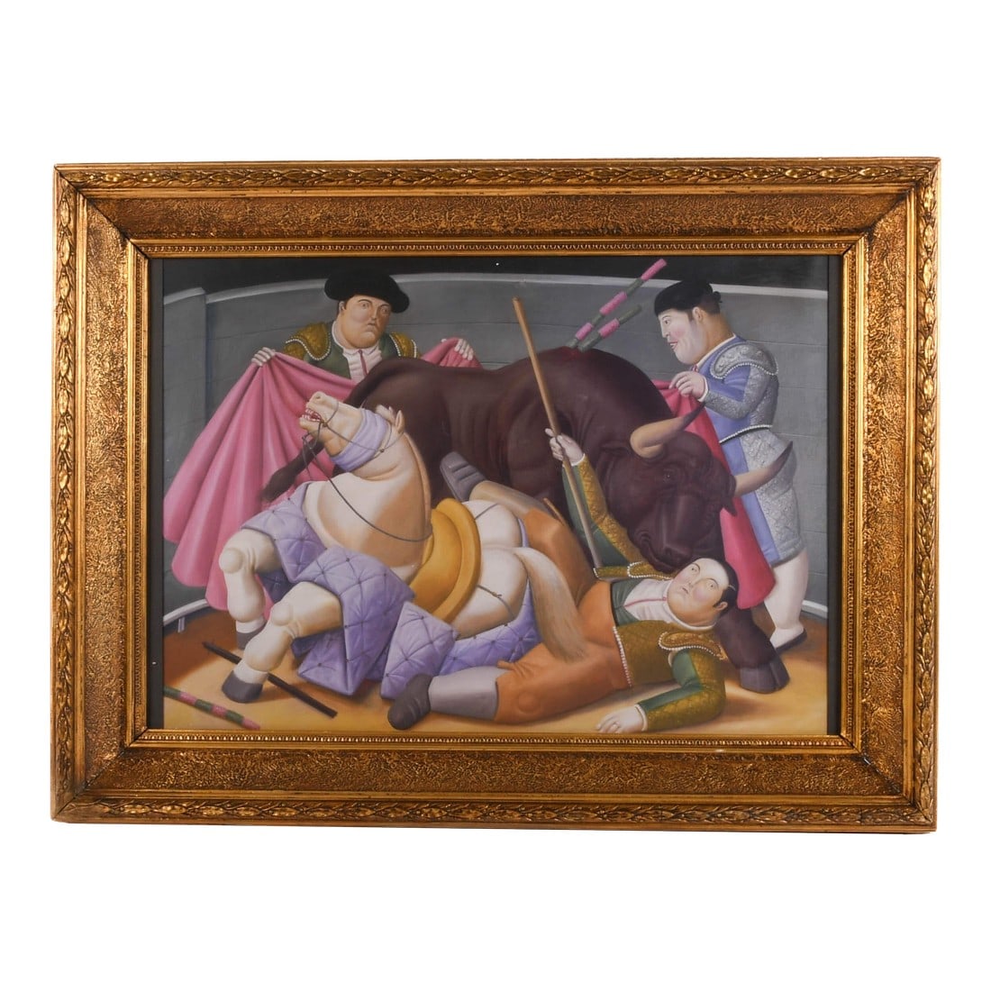 Print of El Quite by Fernando Botero in Gold Frame: This Print of El Quite by Fernando Botero in Gold Frame vividly captures the drama and intensity of a bullfighting scene in a distinctive, stylized manner. The composition shows matadors in colorful