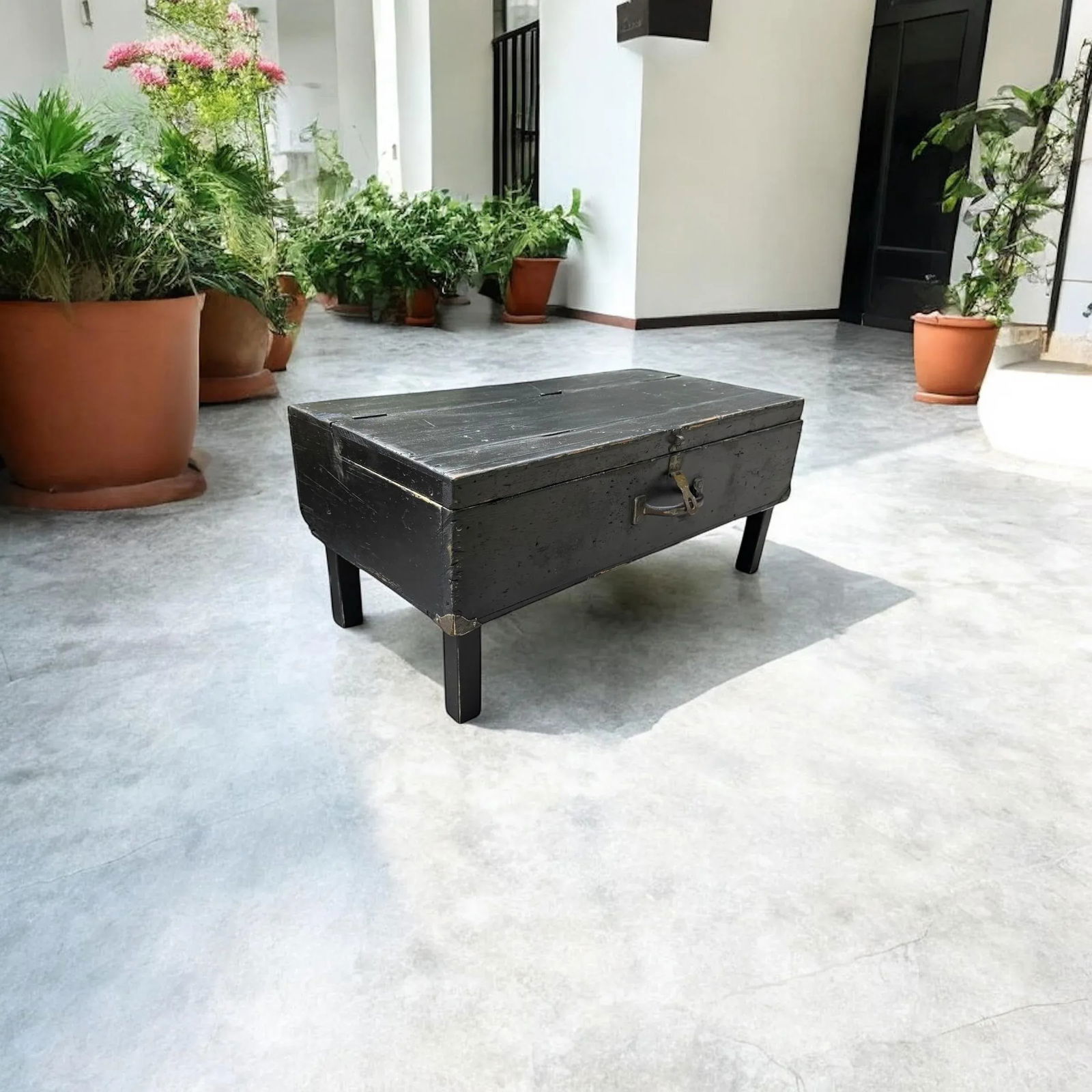 Antique Rustic Black Painted Wood Tool Storage Bench Coffee Table - 10