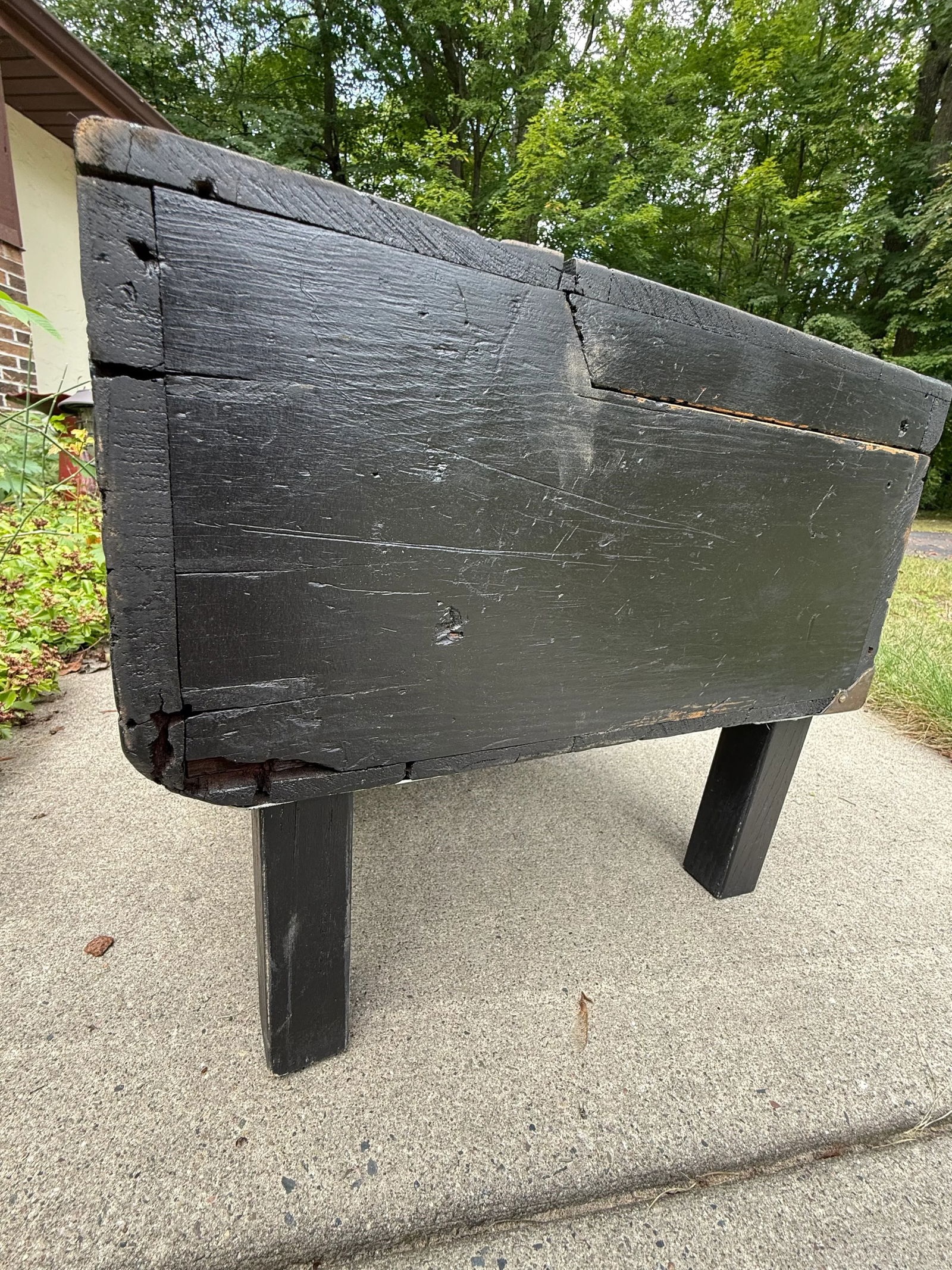 Antique Rustic Black Painted Wood Tool Storage Bench Coffee Table - 12
