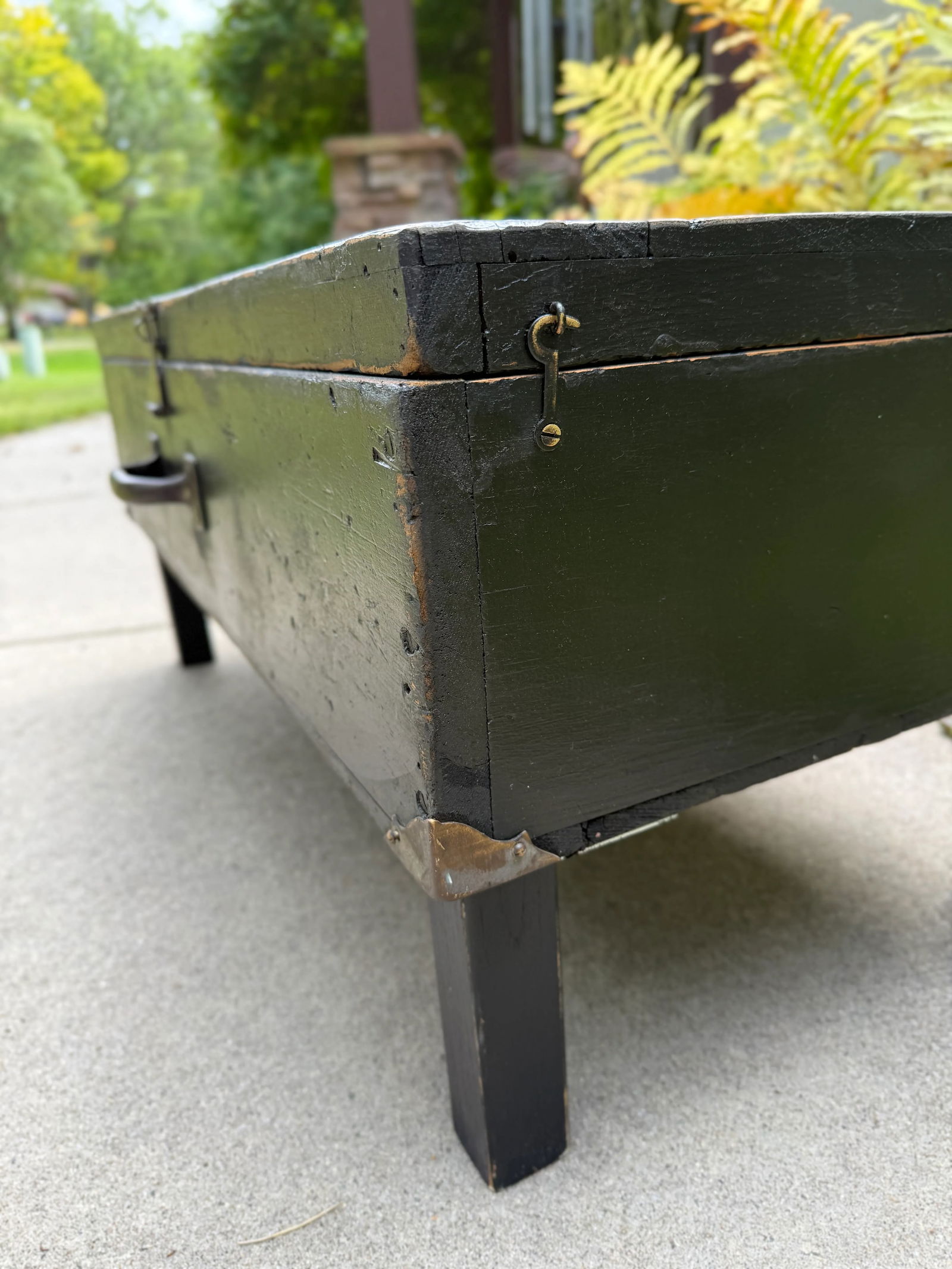 Antique Rustic Black Painted Wood Tool Storage Bench Coffee Table - 4