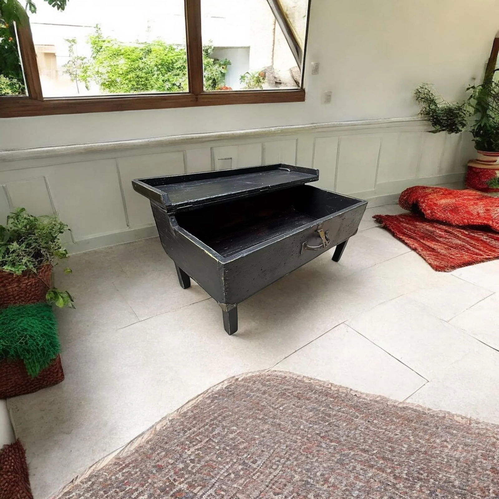 Antique Rustic Black Painted Wood Tool Storage Bench Coffee Table - 5