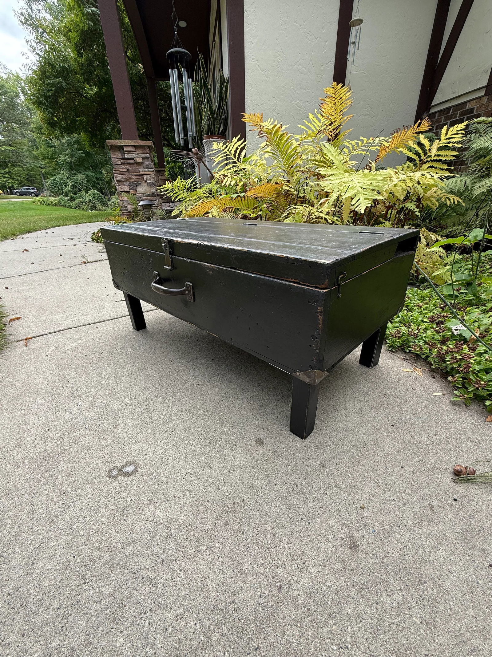Antique Rustic Black Painted Wood Tool Storage Bench Coffee Table - 6