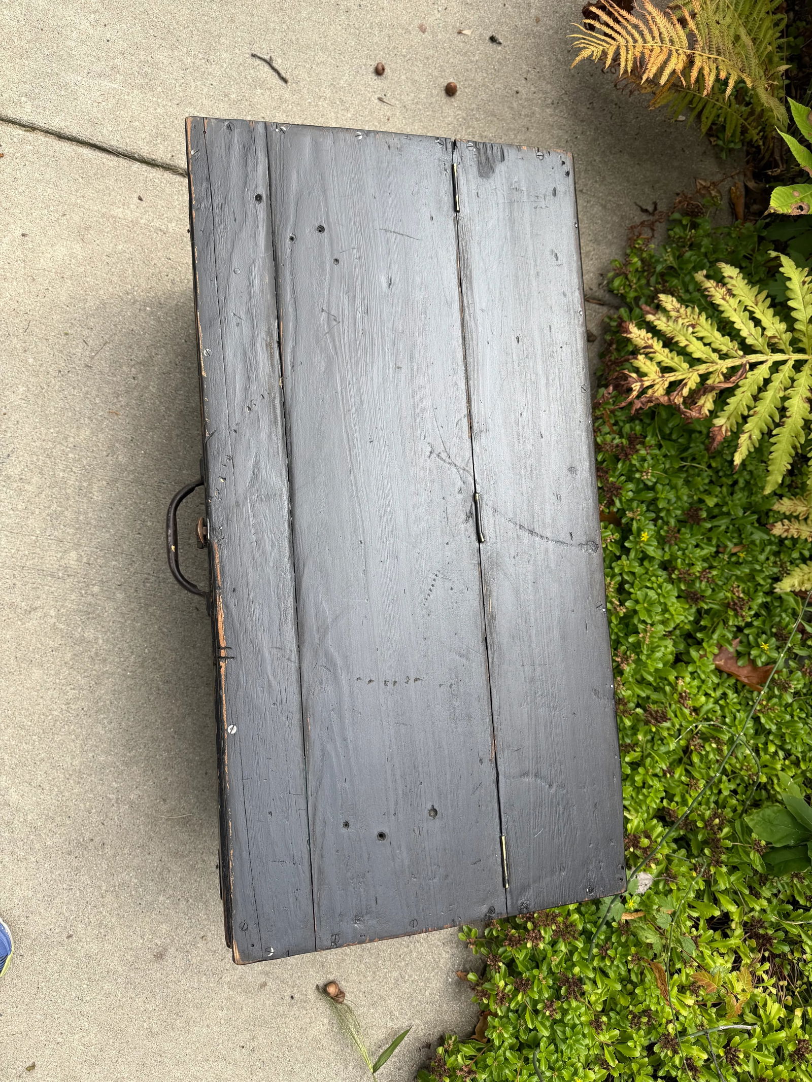 Antique Rustic Black Painted Wood Tool Storage Bench Coffee Table - 7