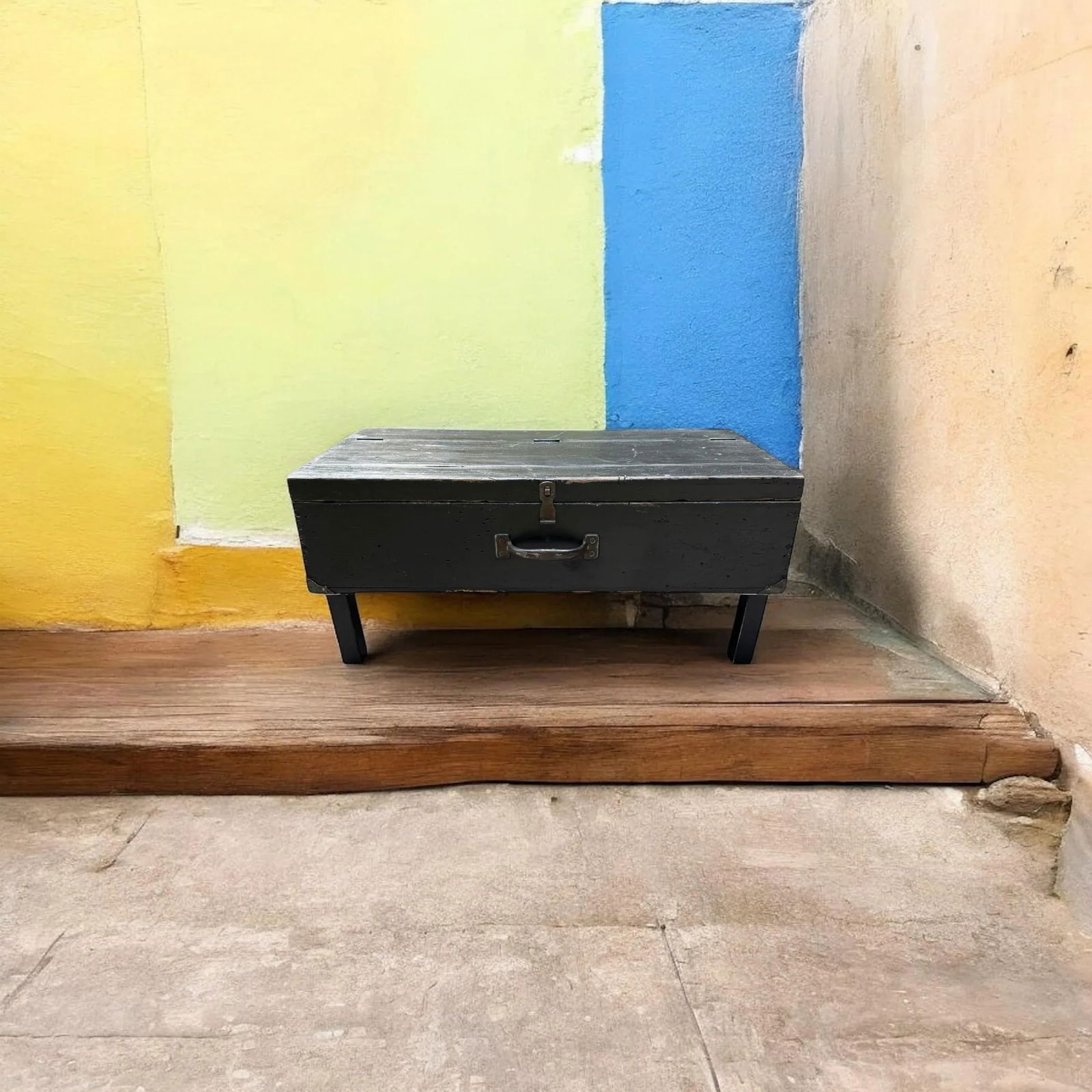 Antique Rustic Black Painted Wood Tool Storage Bench Coffee Table - 8