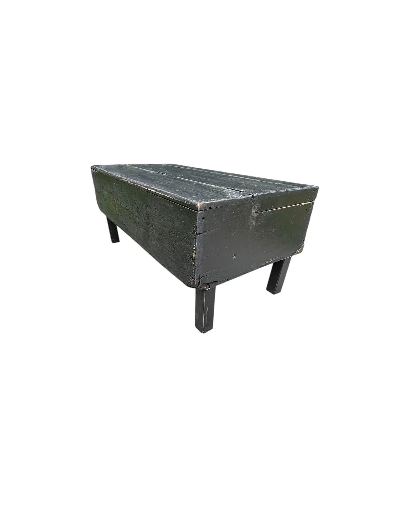 Antique Rustic Black Painted Wood Tool Storage Bench Coffee Table - 9