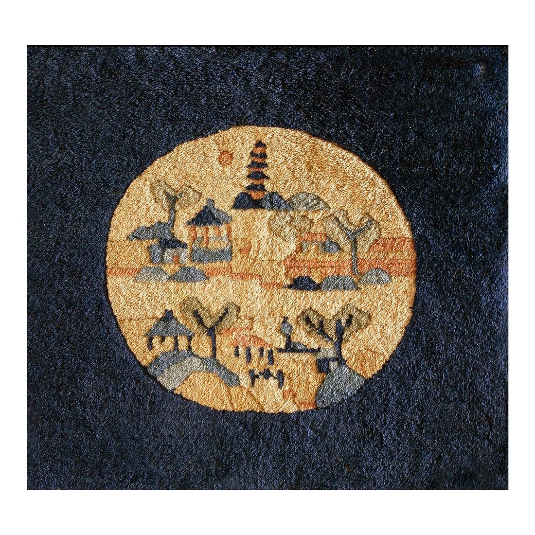 Marked Navy Blue Color With Lovely Figural Design Antique Chinese Peking Rug: Early 20th Century Chinese Peking Rug ( 1'6" x 1'6" - 45 x 45 ) Chinese - Peking The commercial Peking carpet is a later 19th century development, begun by importing weaves from Ningshia (see entry)
