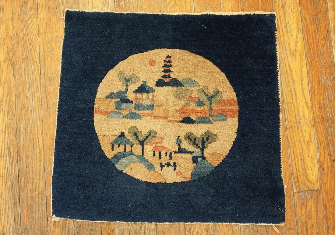 Marked Navy Blue Color With Lovely Figural Design Antique Chinese Peking Rug - 2