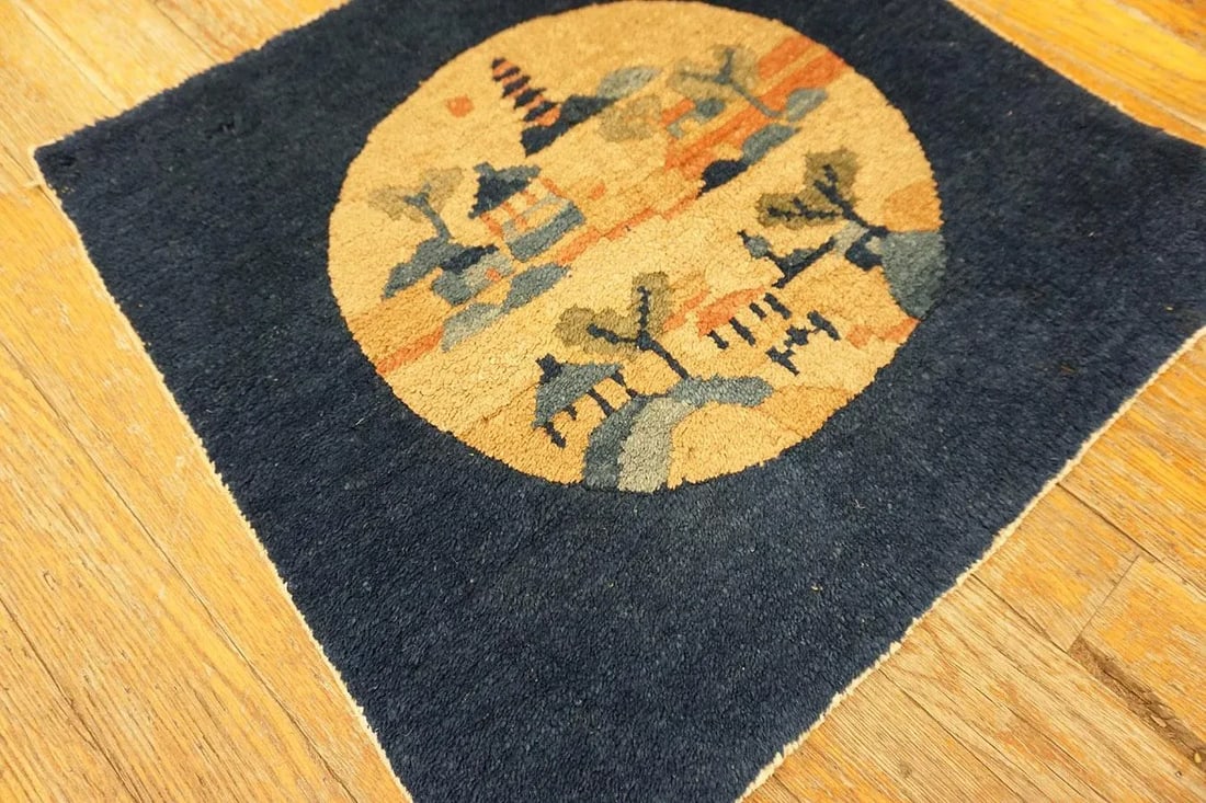 Marked Navy Blue Color With Lovely Figural Design Antique Chinese Peking Rug - 3