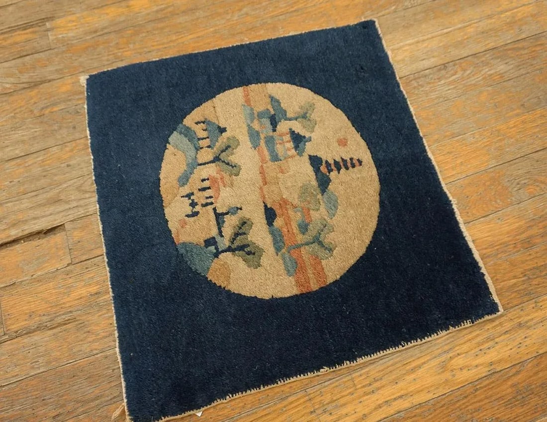Marked Navy Blue Color With Lovely Figural Design Antique Chinese Peking Rug - 5