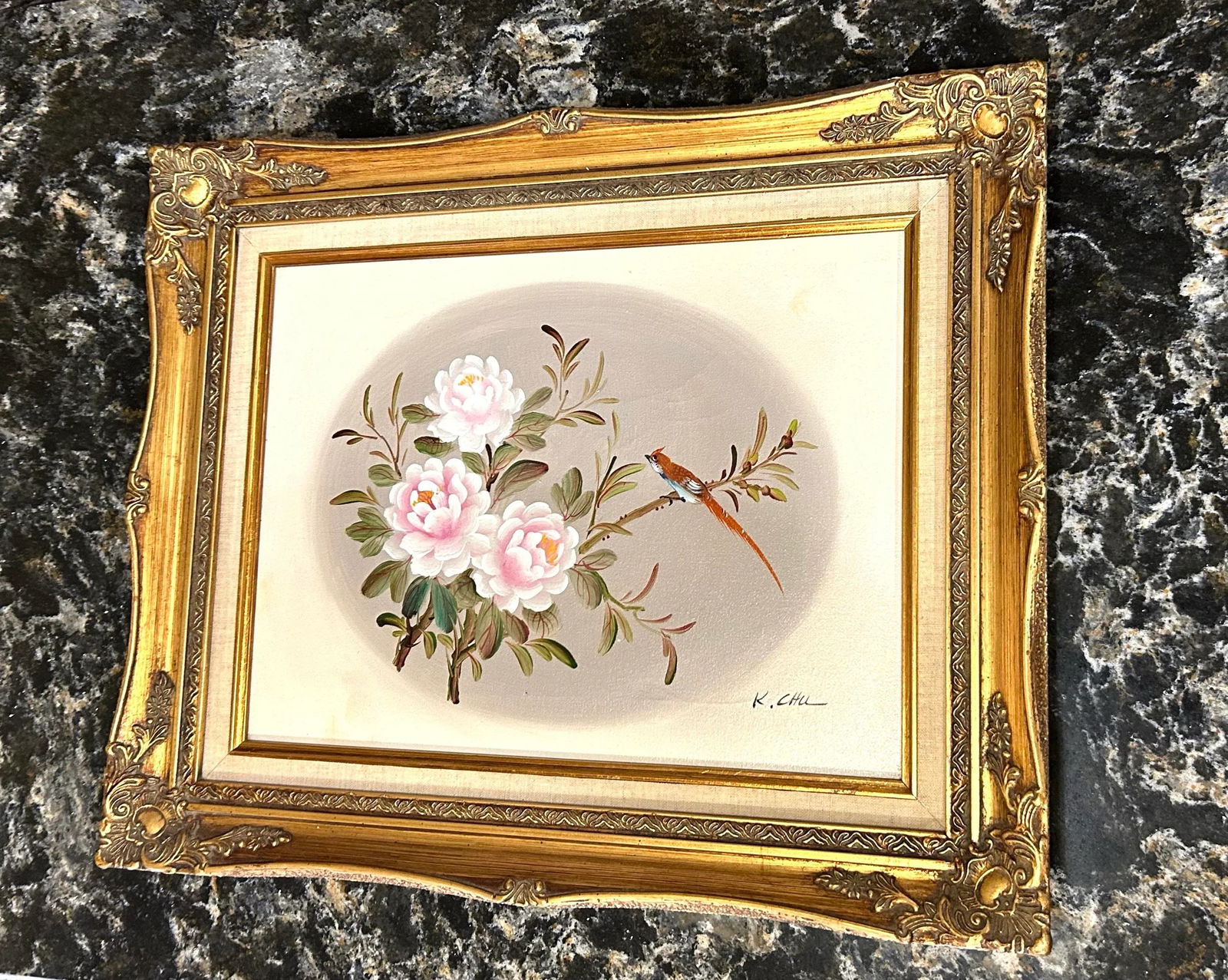 Original Signed K Chu Oil on Canvas, Bird in Floral Scene, Framed - 3