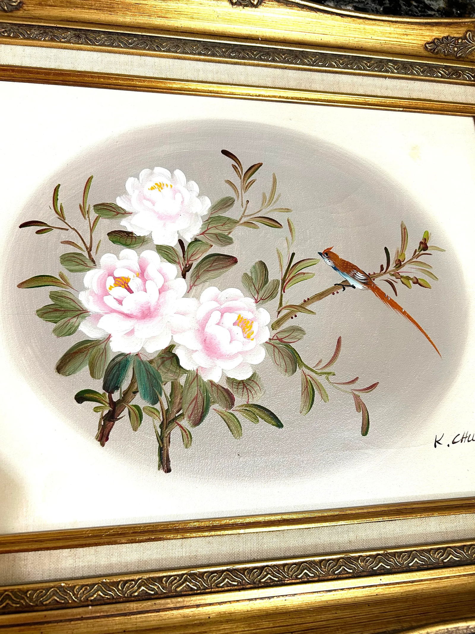 Original Signed K Chu Oil on Canvas, Bird in Floral Scene, Framed - 5