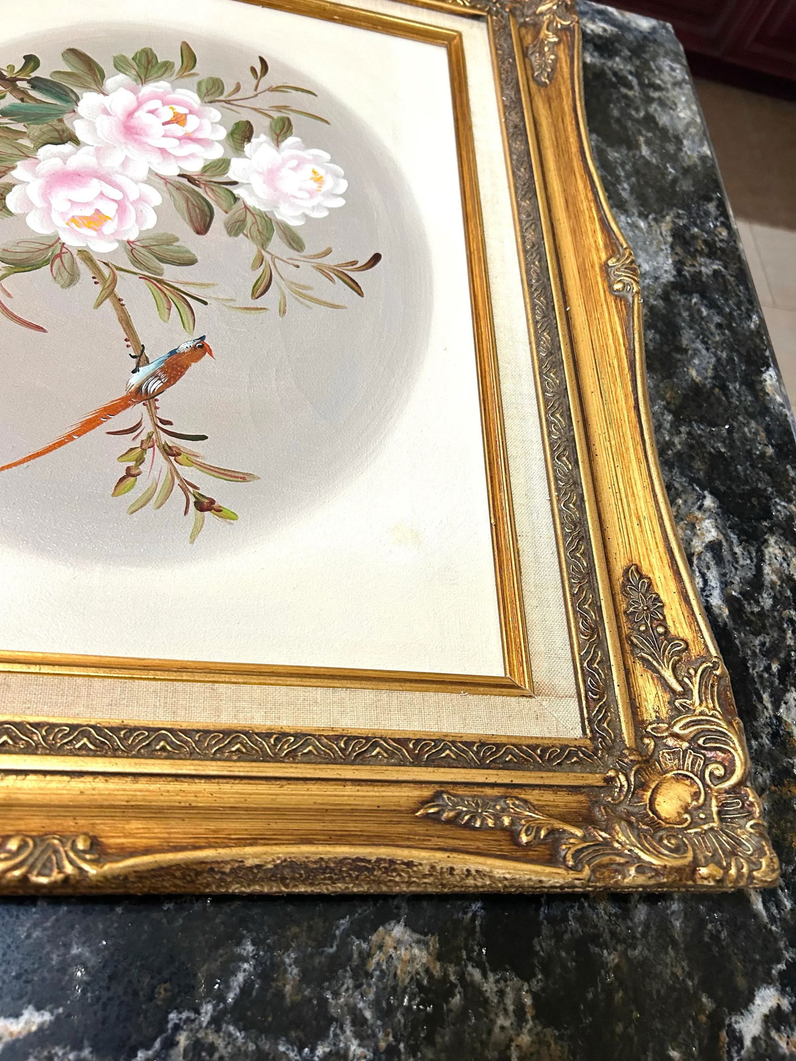 Original Signed K Chu Oil on Canvas, Bird in Floral Scene, Framed - 8