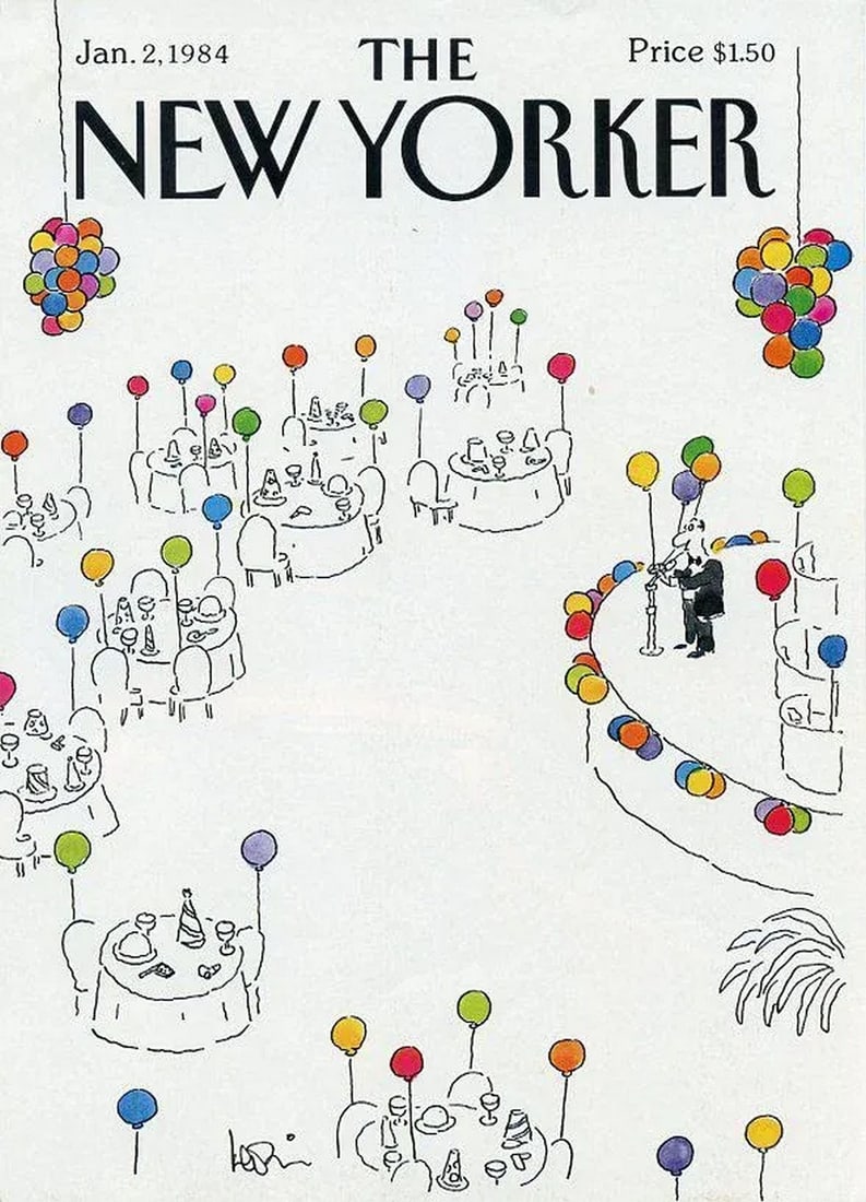 Vintage 1984 New Yorker Cover, January 2 (Arnie Levin), New Years: Original vintage New Yorker magazine cover from January 2, 1984 featuring a New Years theme. Based on an illustration by the Brooklyn-born cartoonist Arnie Levin (b. 1938). This is an original