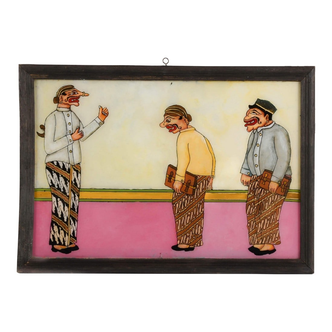 Framed Punakawan Reverse Glass Painting at the Meeting Hall: This vibrant reverse glass painting captures a satirical tableau of the Punakawan--beloved clown-servant figures from classical Javanese wayang kulit (shadow puppet) traditions--engaged in a