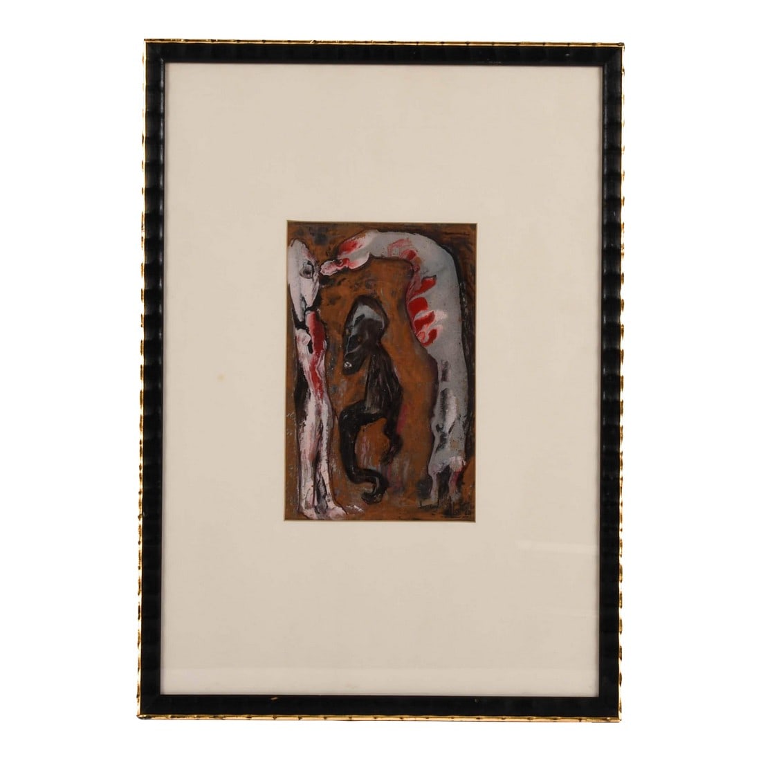 Framed Signed J. Akston "The Kiss, 1962" Mixed Media: This Framed Signed J. Akston "The Kiss Mixed, 1962" Media, is a bold exploration of form and emotion rendered in a compact vertical composition. Earthy tones of copper, black, and gray swirl together